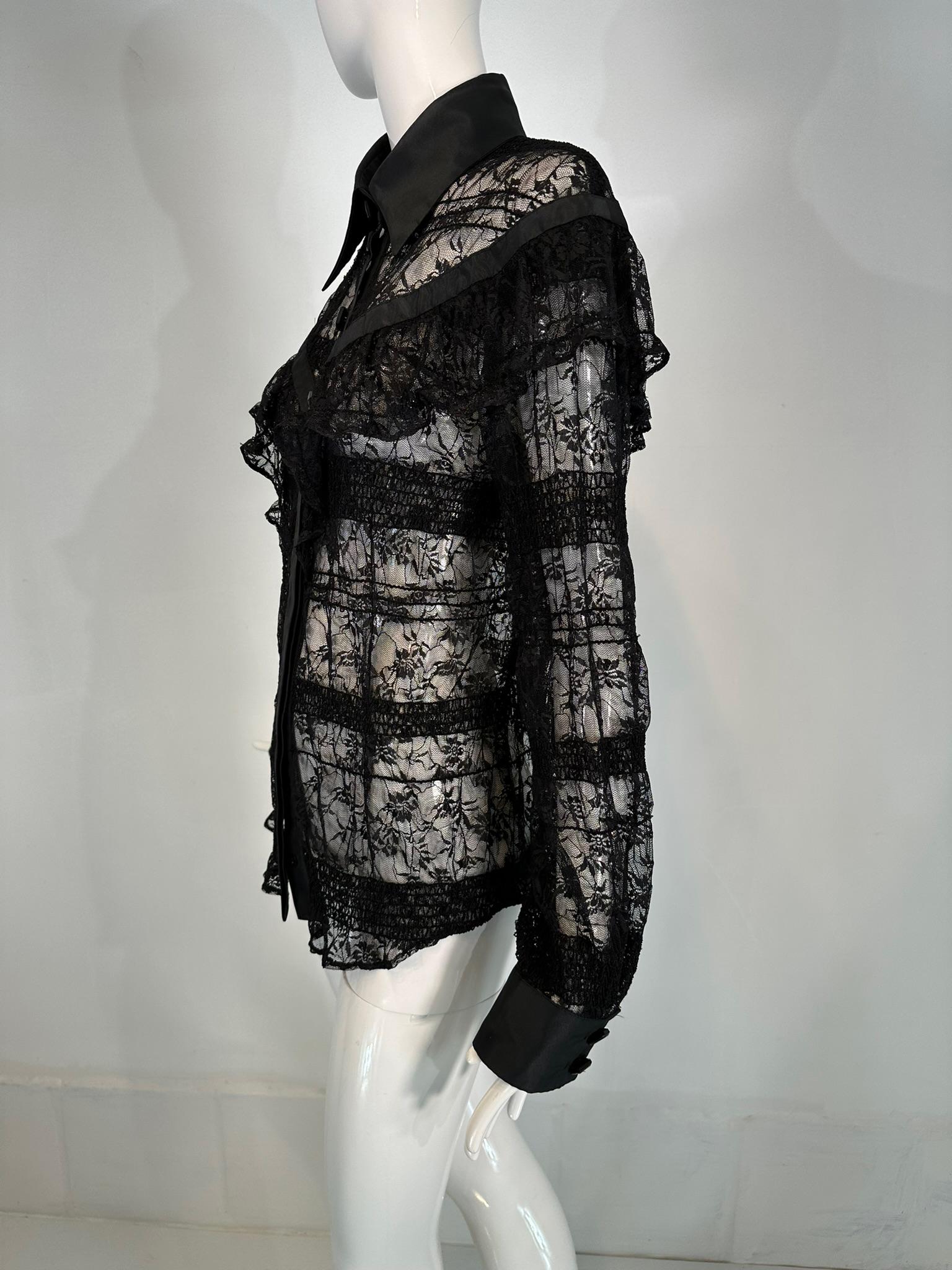 Jiki Monte Carlo Creations Sheer Black Lace with Sequins Ruffle Yoke Blouse EU46 For Sale 4