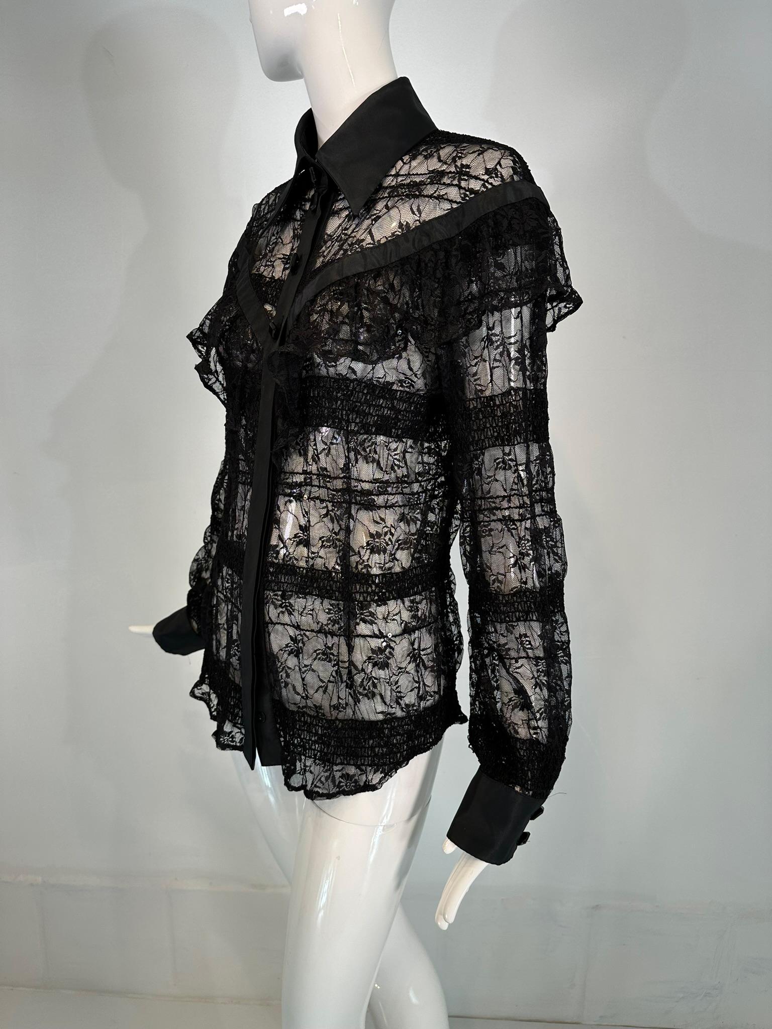Jiki Monte Carlo Creations Sheer Black Lace with Sequins Ruffle Yoke Blouse EU46 For Sale 5
