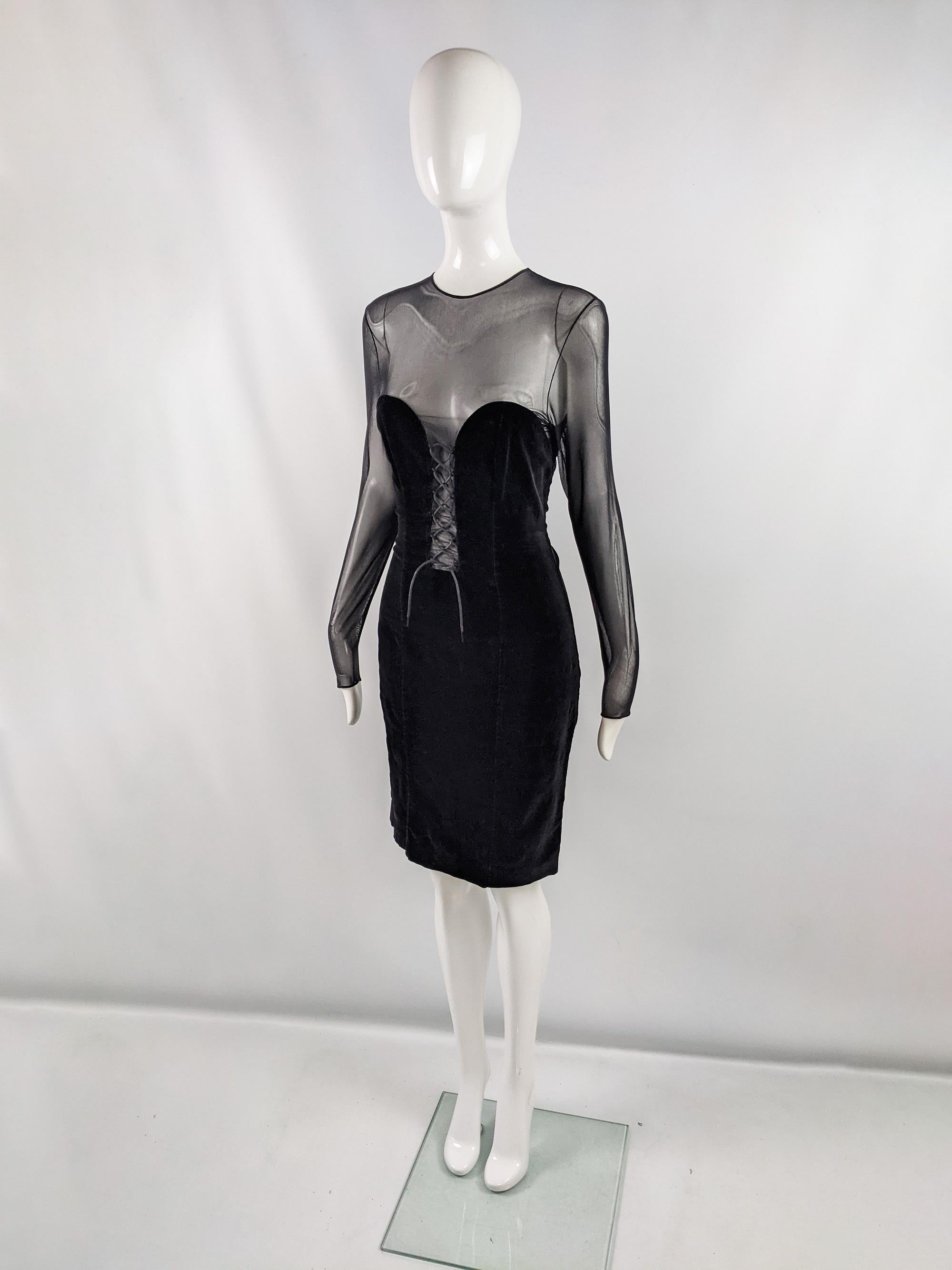 Jiki of Monte Carlo Vintage 90er Jahre Ultra Sexy Kleid aus durchsichtigem Samtgeflecht mit tiefem Ausschnitt (Schwarz) im Angebot