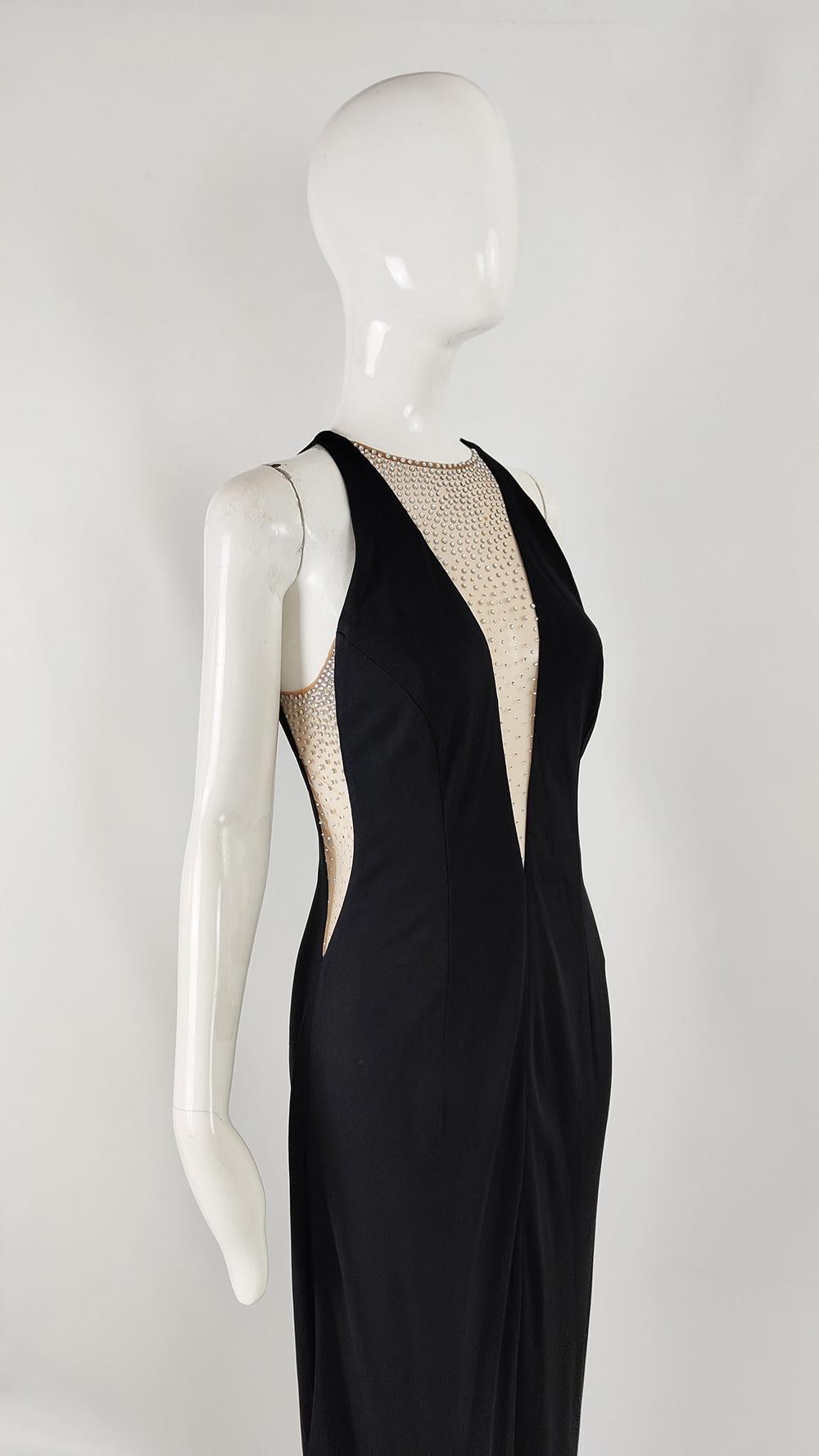 Jiki of Monte Carlo Vintage Sexy Deep Plunge Neck Sheer Rhinestone Evening Dress In Good Condition In Doncaster, South Yorkshire