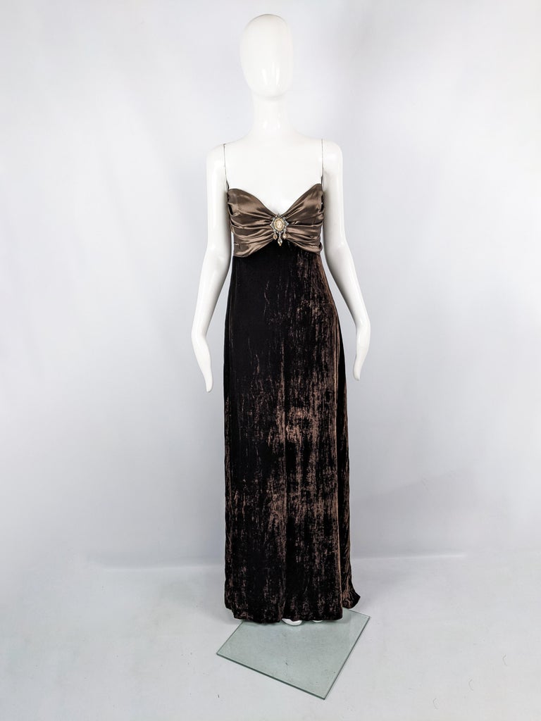 Jiki Of Monte Carlo Vintage Sexy Plunge Dress Brown Velvet And Satin Evening Gown For Sale At 1stdibs