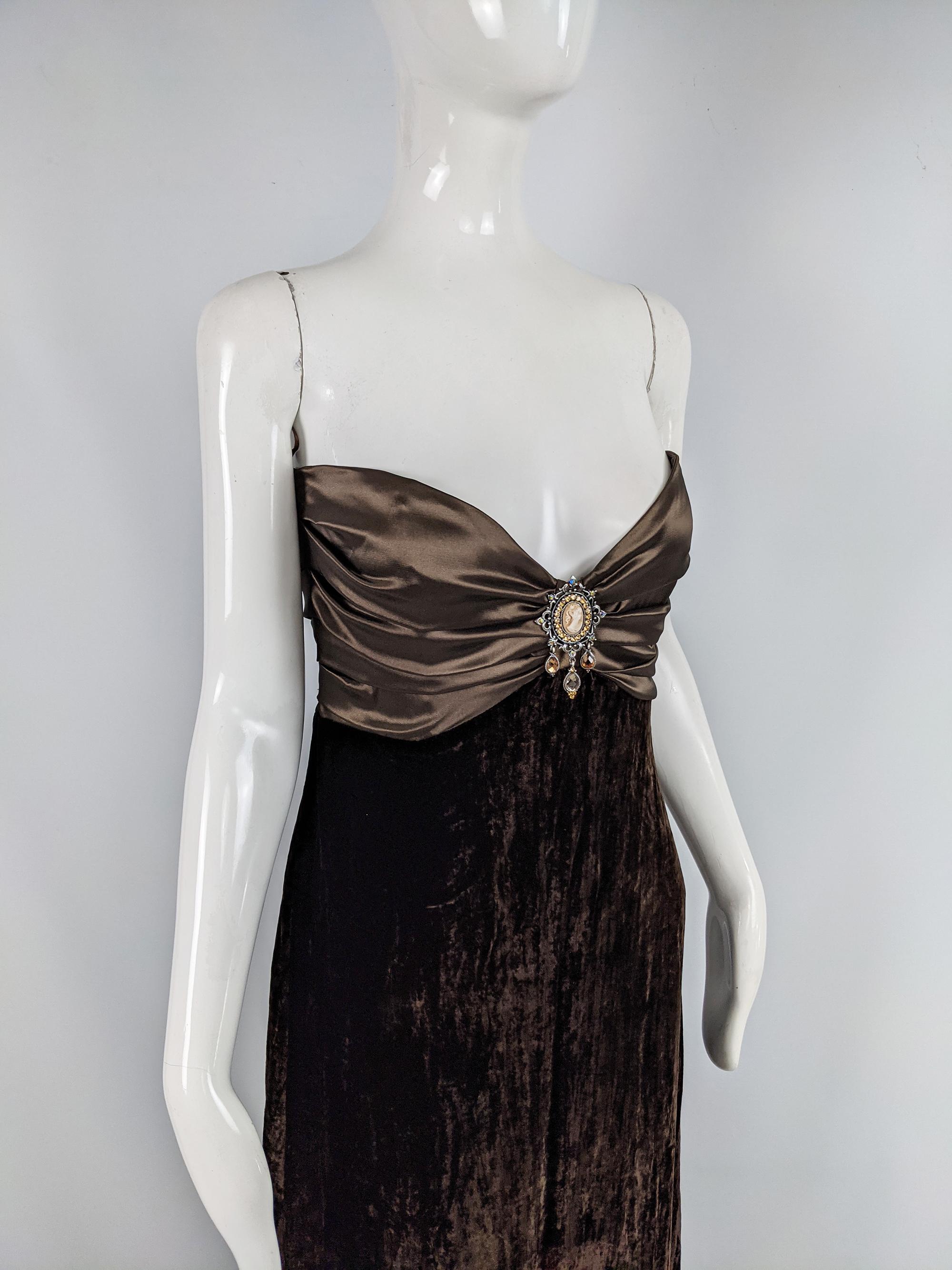 Black Jiki of Monte Carlo Vintage Sexy Plunge Dress Brown Velvet & Satin Evening Gown For Sale