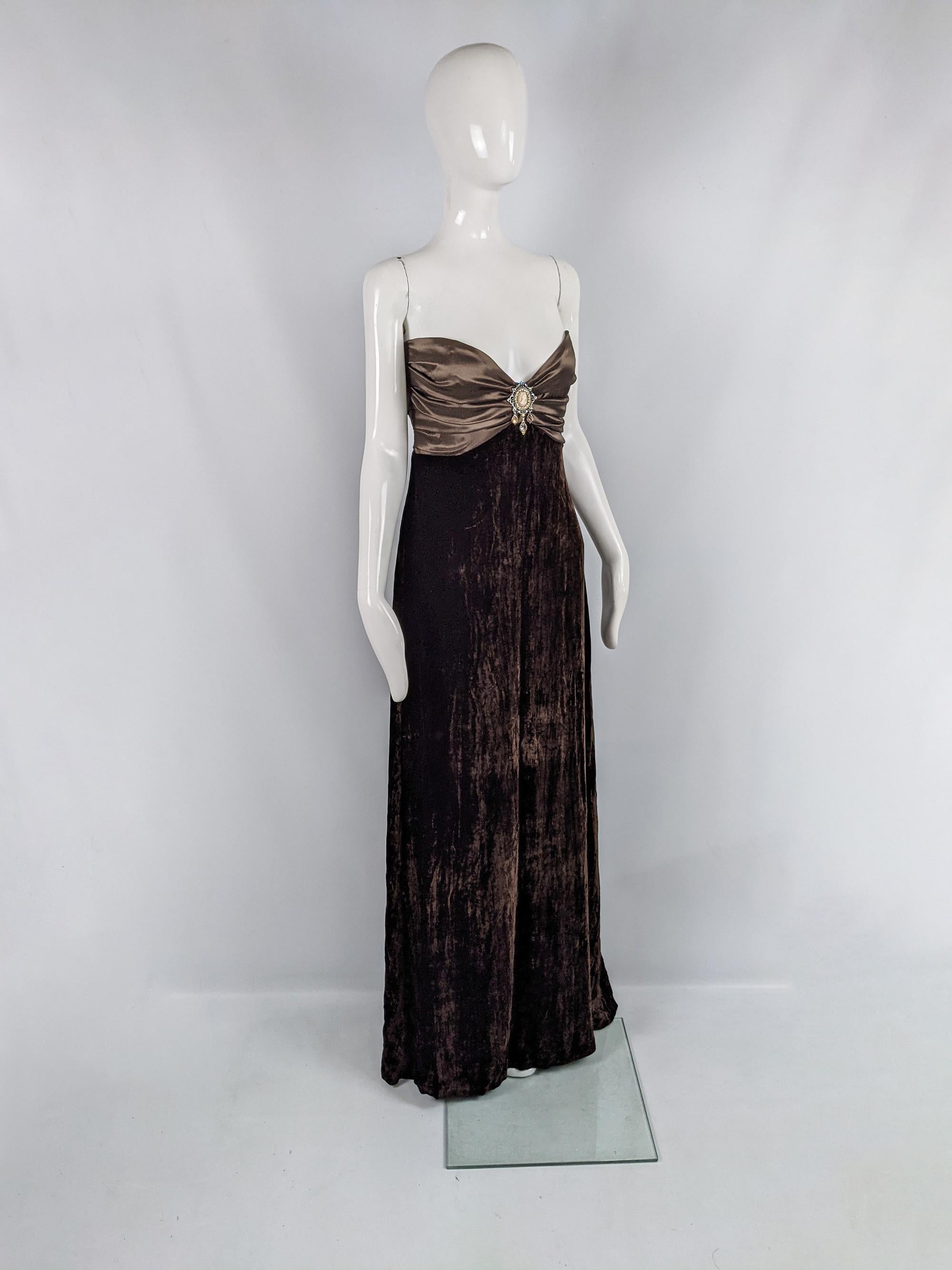 Jiki of Monte Carlo Vintage Sexy Plunge Dress Brown Velvet & Satin Evening Gown In Excellent Condition For Sale In Doncaster, South Yorkshire