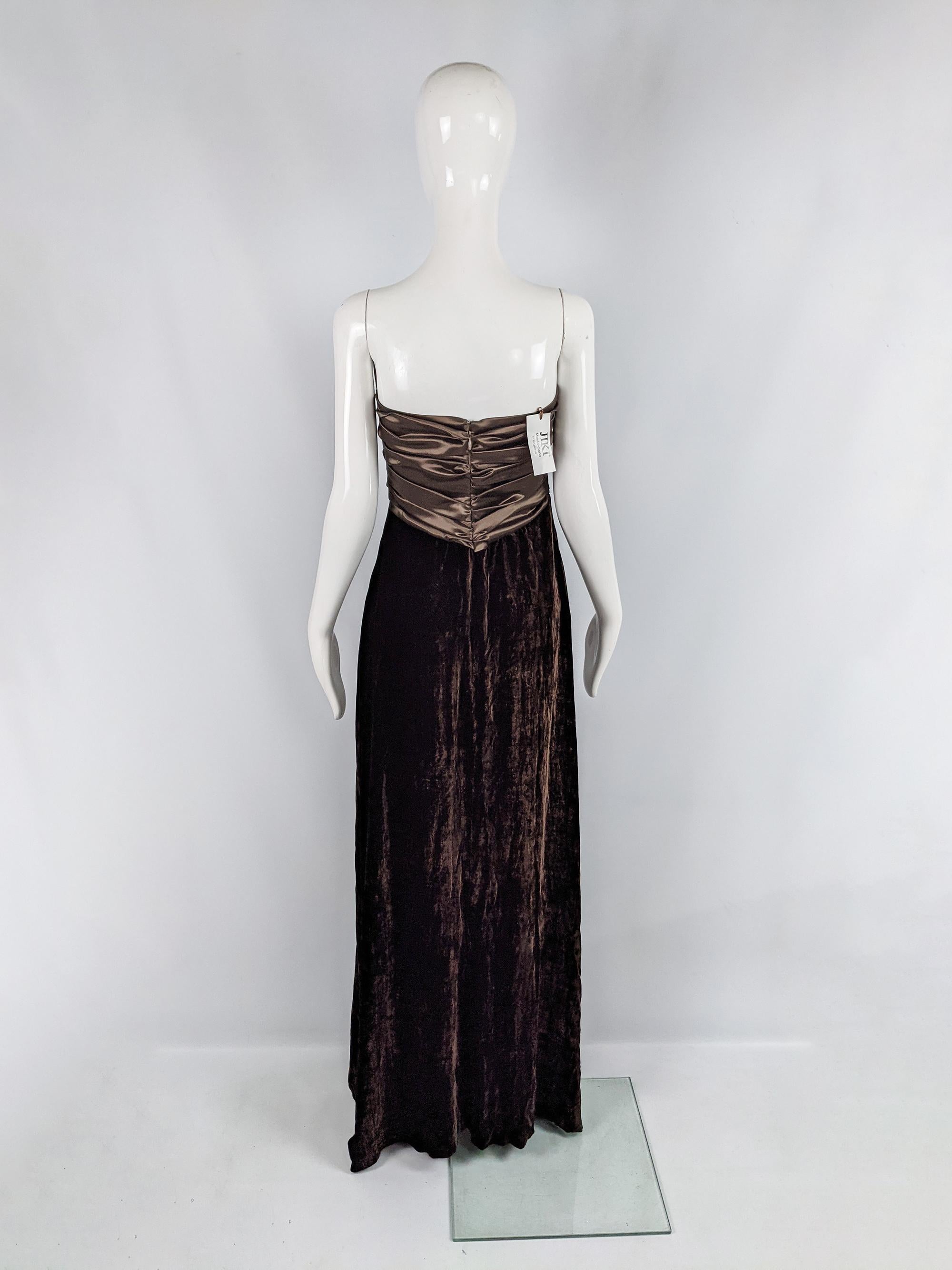 Women's Jiki of Monte Carlo Vintage Sexy Plunge Dress Brown Velvet & Satin Evening Gown For Sale