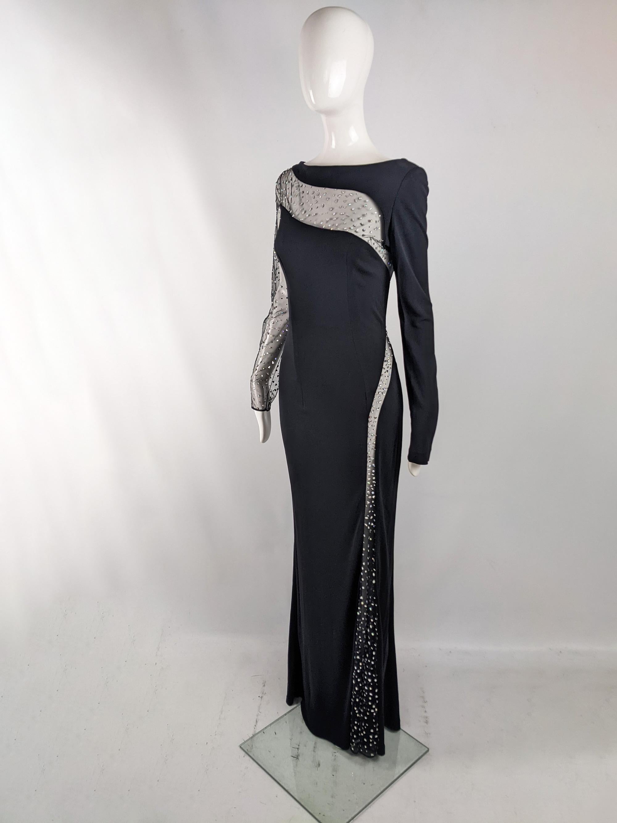 Black Jiki Vintage Sexy Sheer Maxi Length Long Sleeve Mesh Cut Out Evening Dress Gown