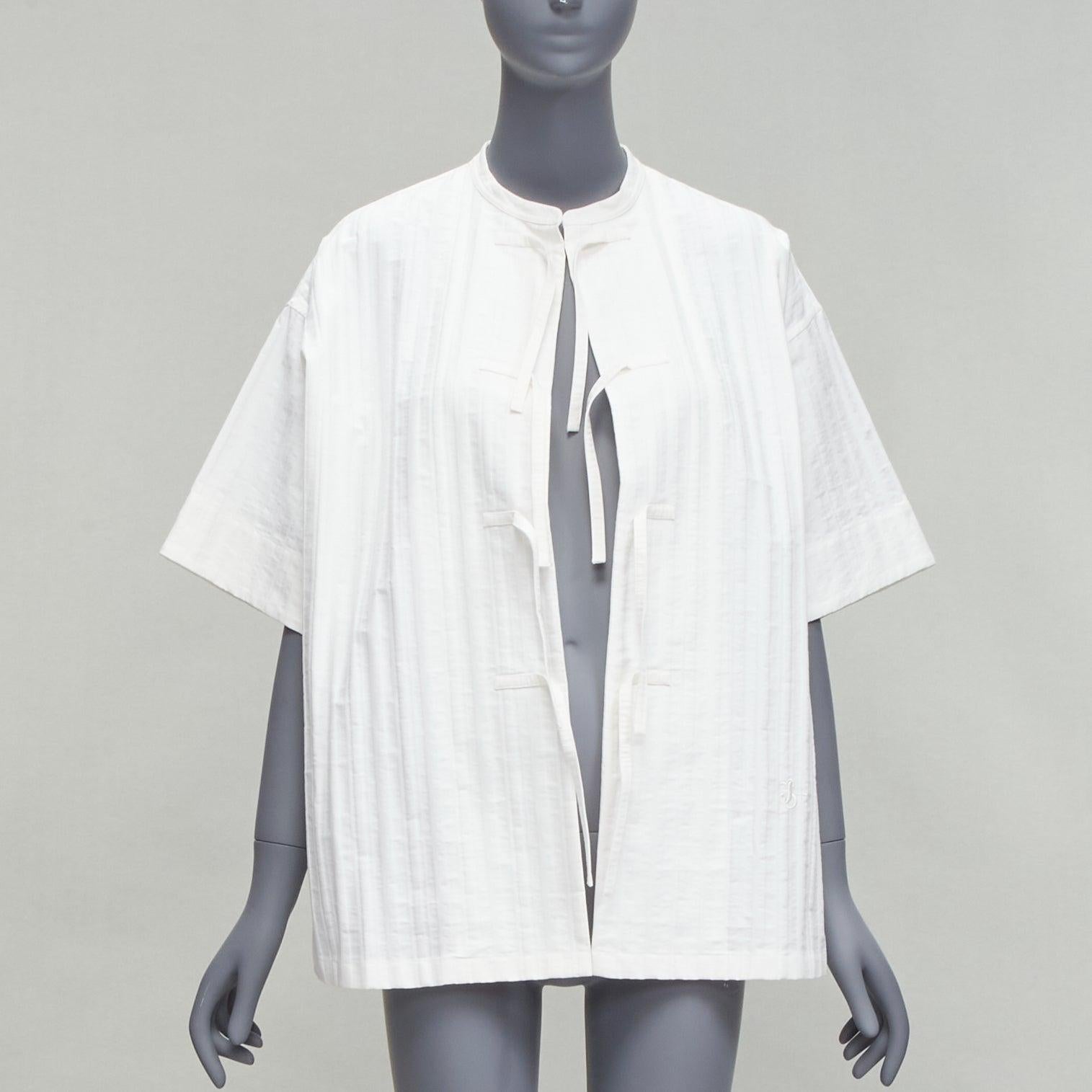 Gray JIL SANDER 2019 white striped logo tie button mandarin collar boxy shirt FR34 XS