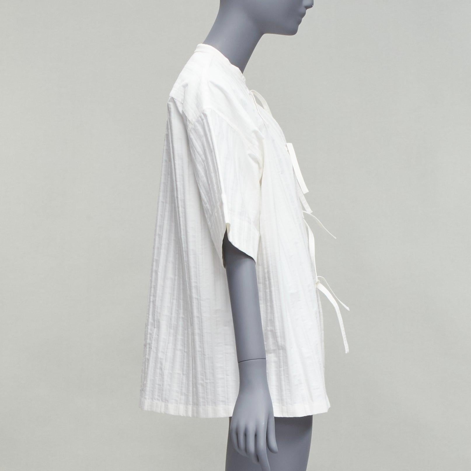 Women's JIL SANDER 2019 white striped logo tie button mandarin collar boxy shirt FR34 XS