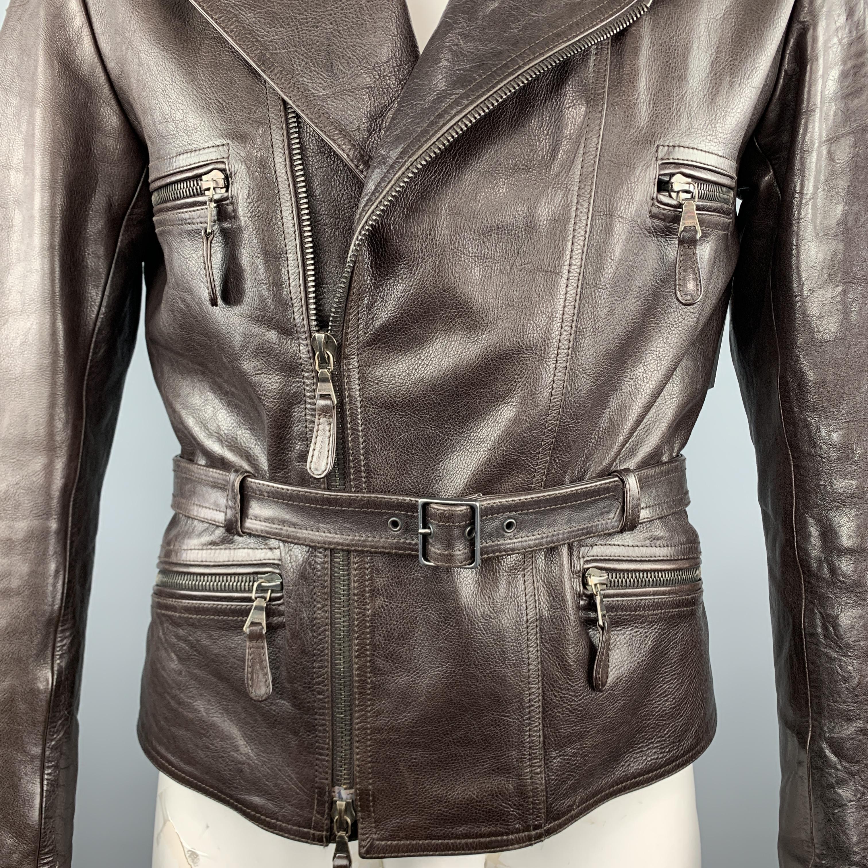 Black  JIL SANDER 42 Brown Leather Belted Waist Biker Jacket