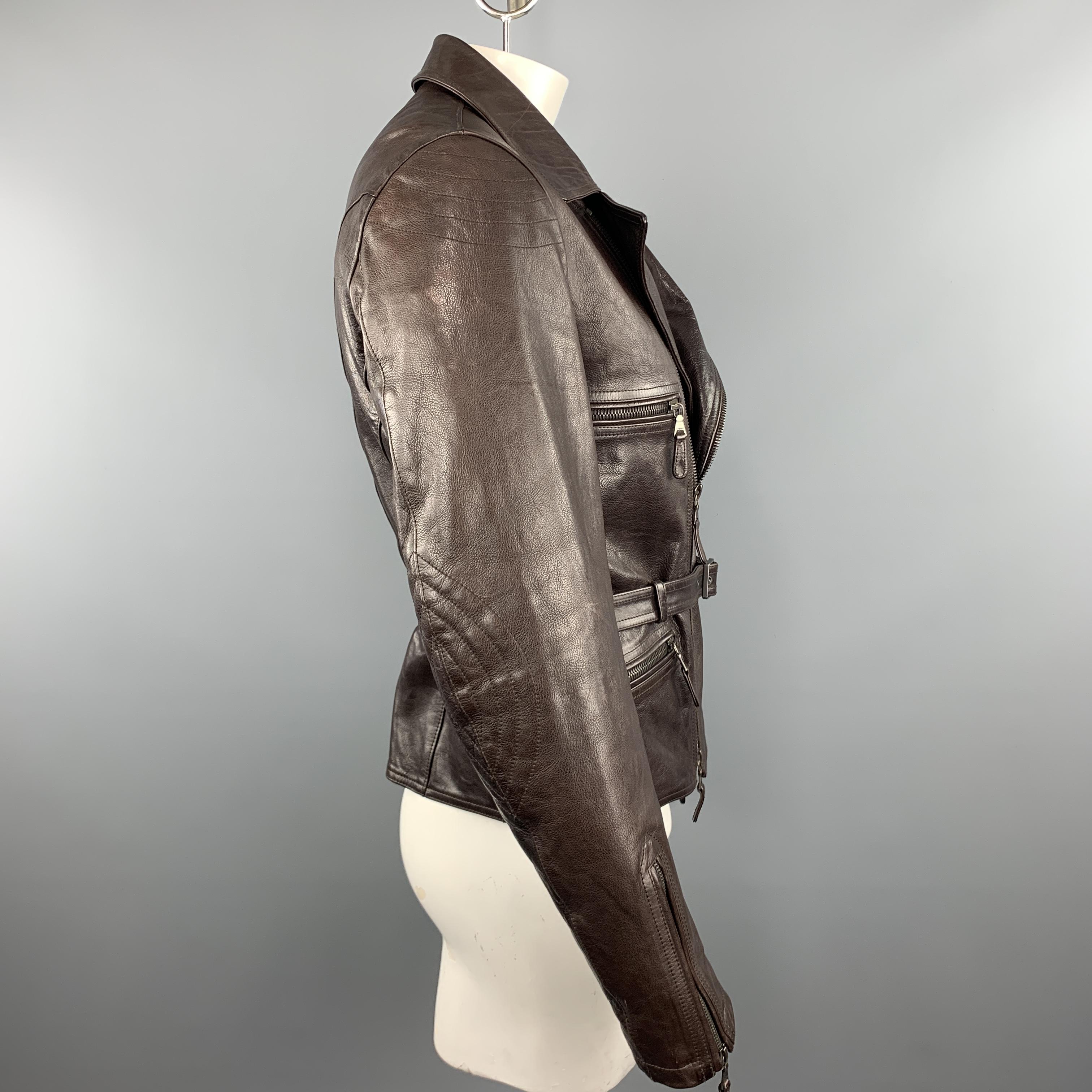  JIL SANDER 42 Brown Leather Belted Waist Biker Jacket In Good Condition In San Francisco, CA