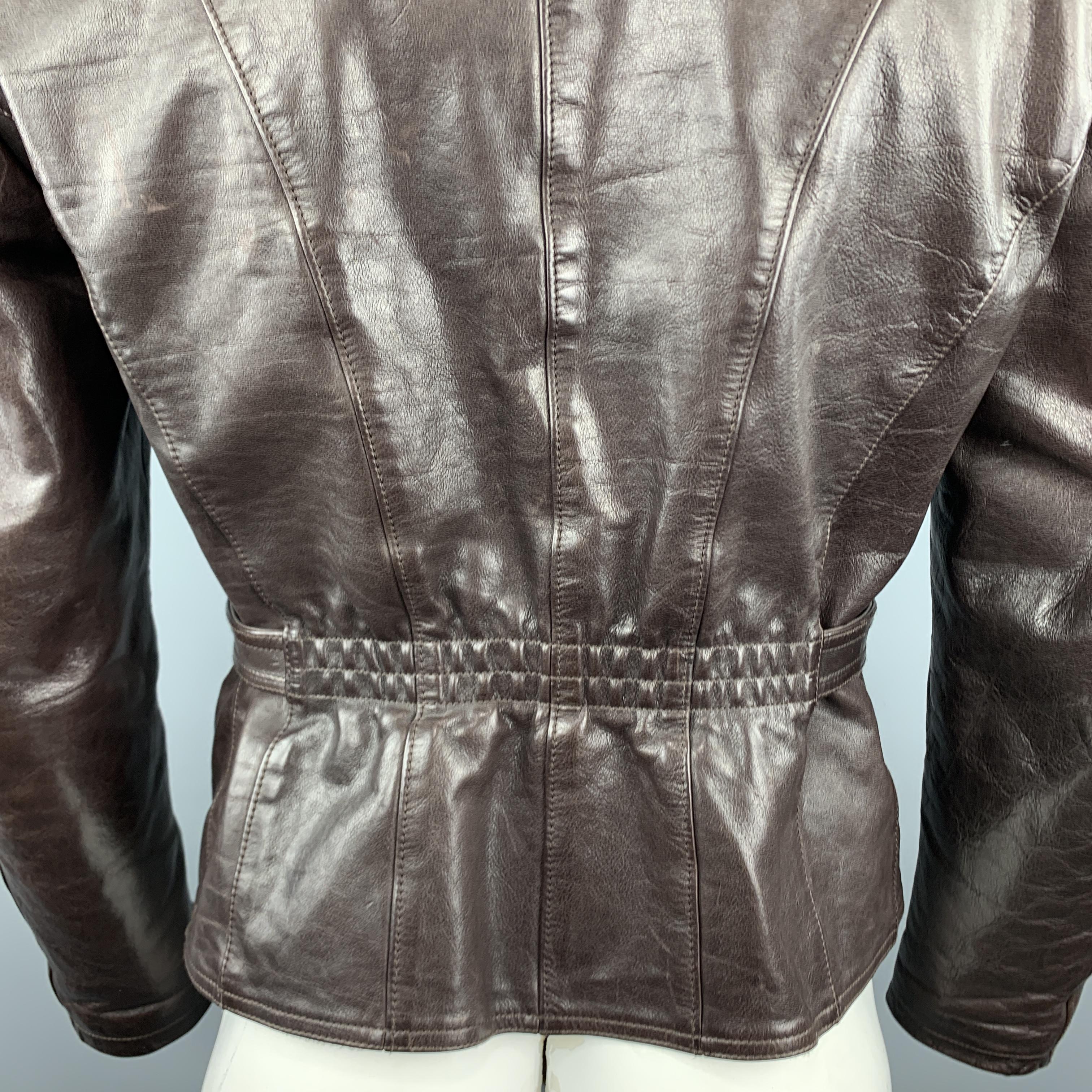  JIL SANDER 42 Brown Leather Belted Waist Biker Jacket 3