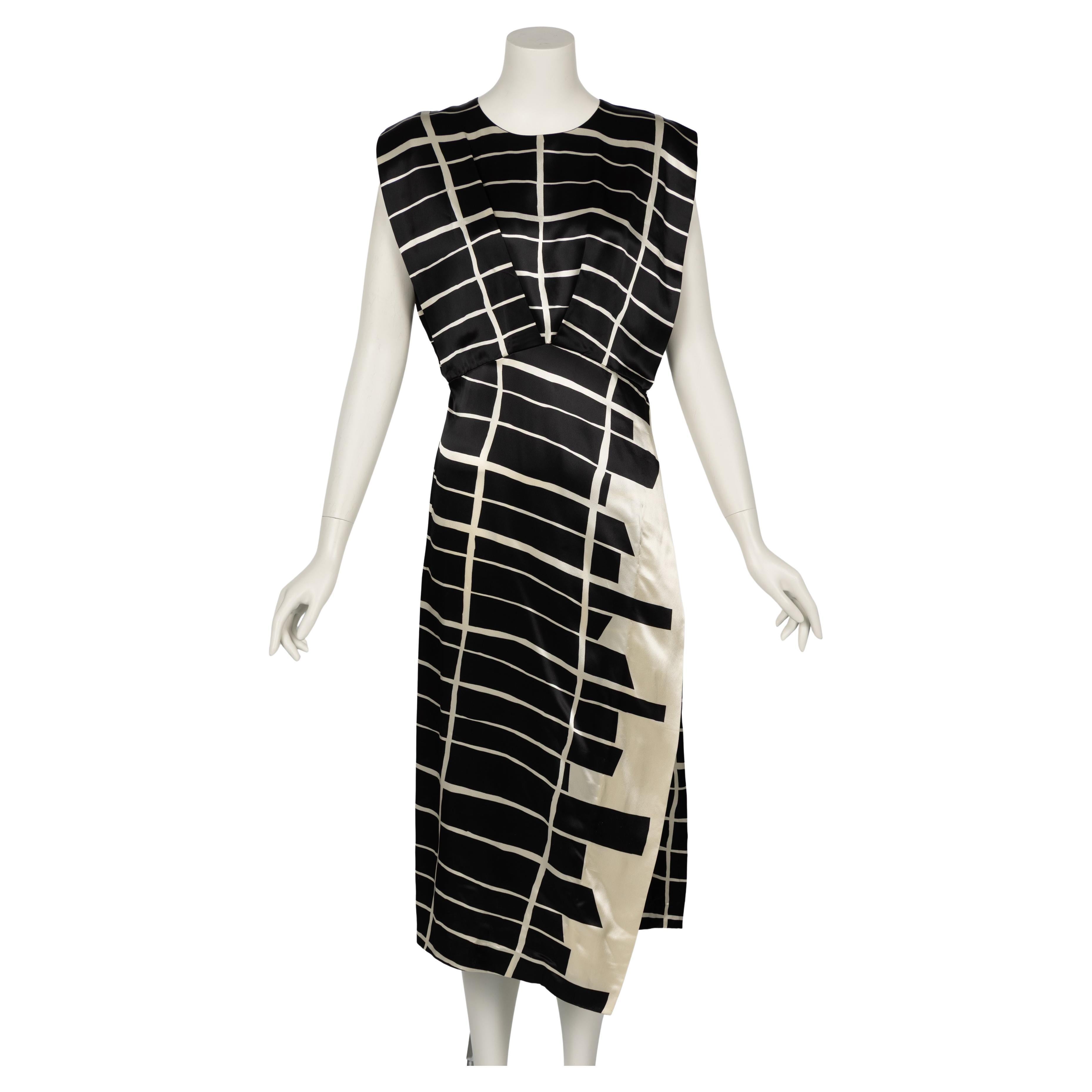 Jil Sander Architektonischer Gitterdruck Schwarz-Elfenbeinfarbenes Kleid, 2010er