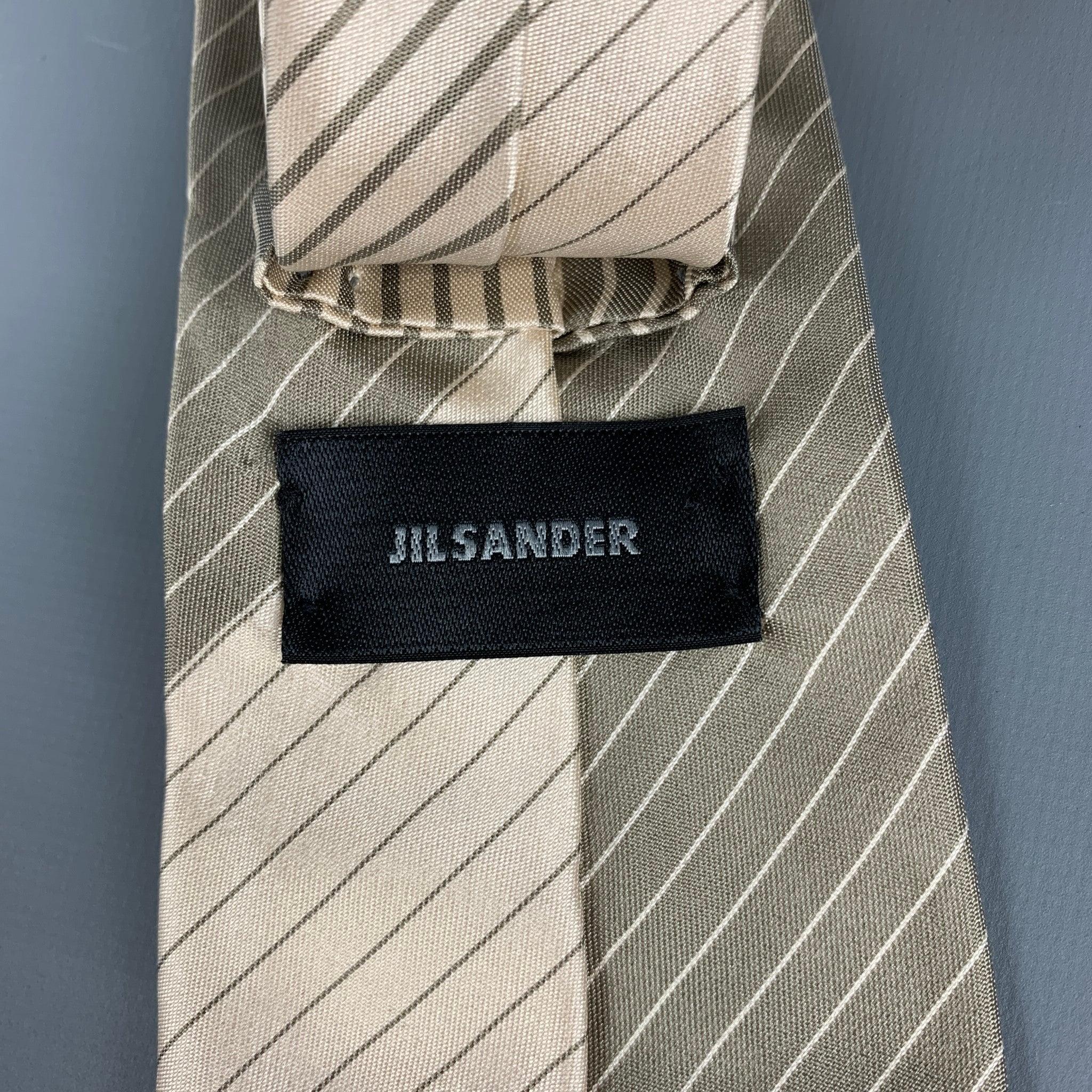 Men's JIL SANDER Beige Grey Diagonal Stripe Silk Satin Tie