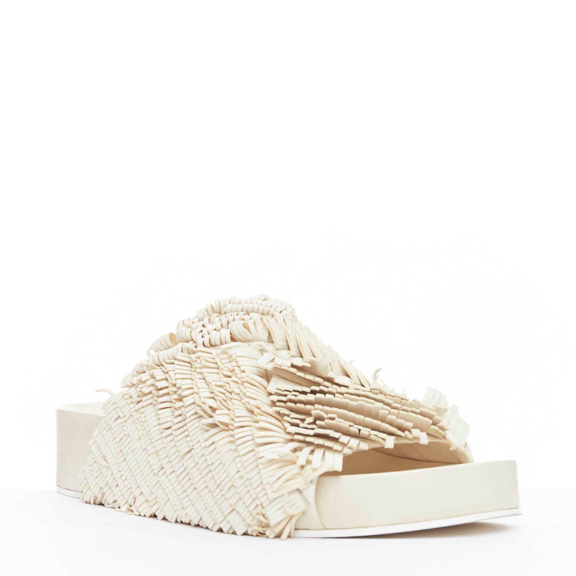 Beige JIL SANDER beige leather fringe platform slides sandals EU38