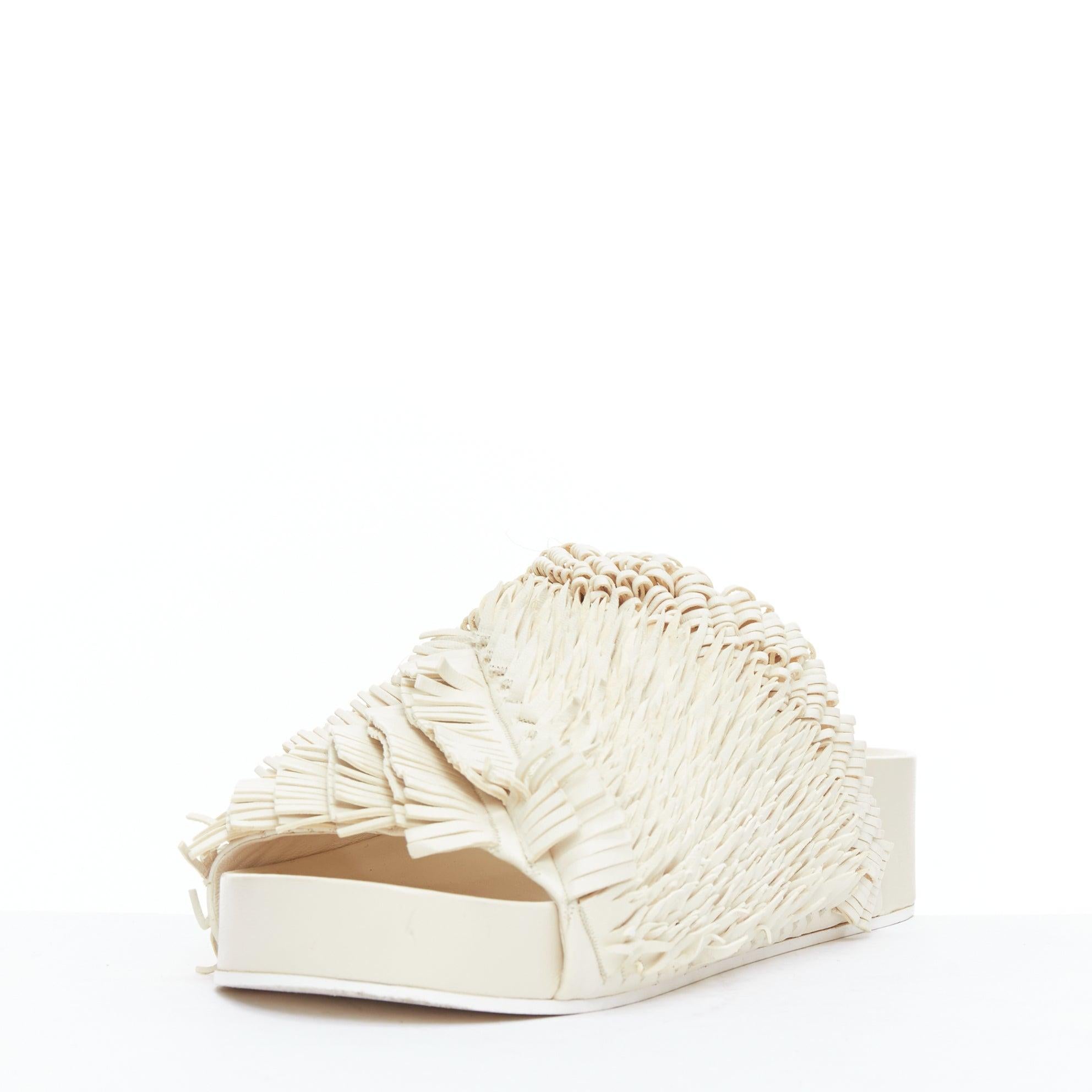 JIL SANDER beige leather fringe platform slides sandals EU38 In Excellent Condition In Hong Kong, NT