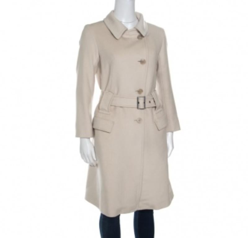 Jil Sander Beigefarbener Mantel aus Wolle und Angora mit Gürtel S im Zustand „Gut“ im Angebot in Dubai, Al Qouz 2