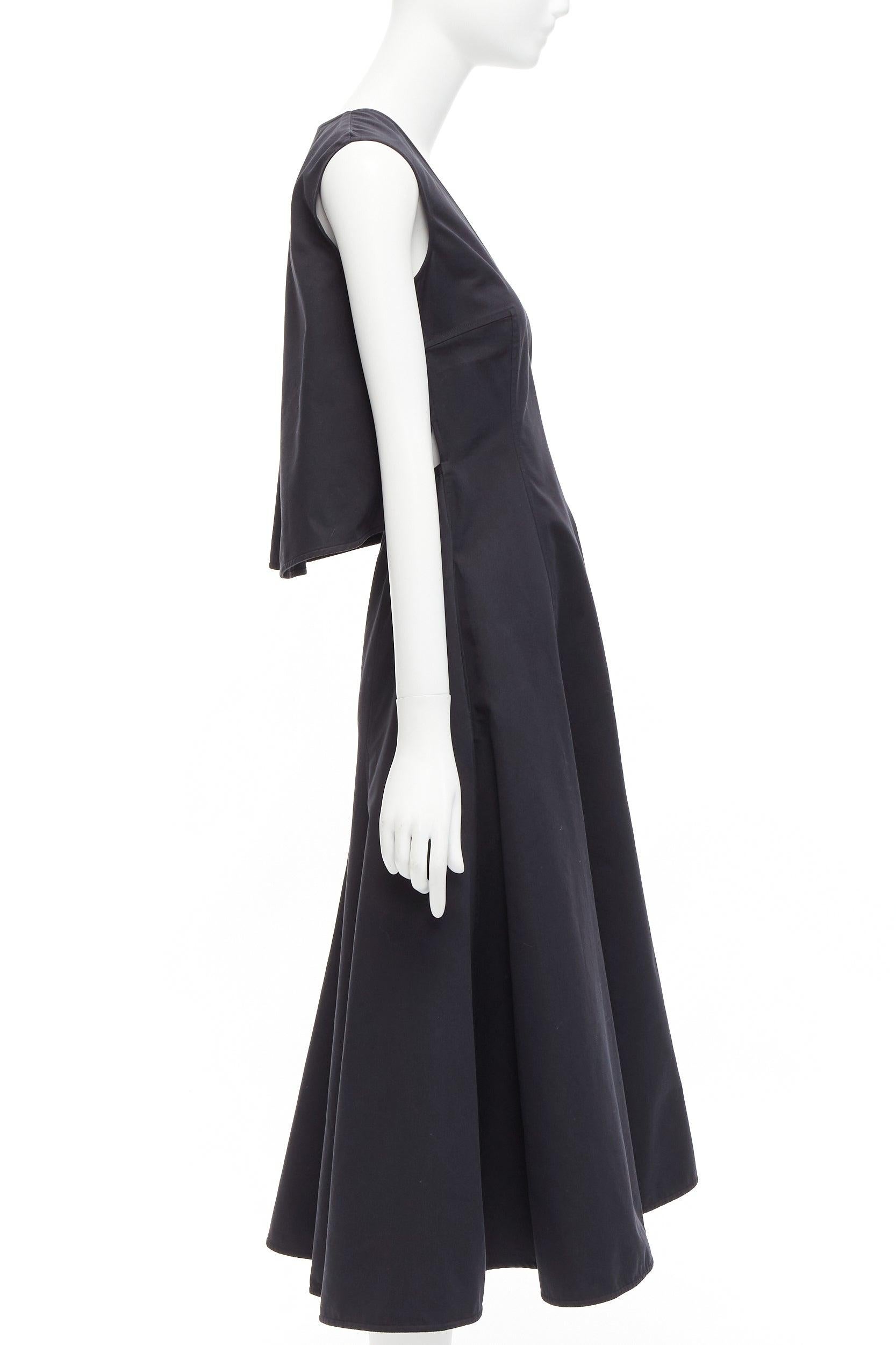 Black JIL SANDER black cotton silk cape back cut out V-neck Aline midi dress FR32 XXS