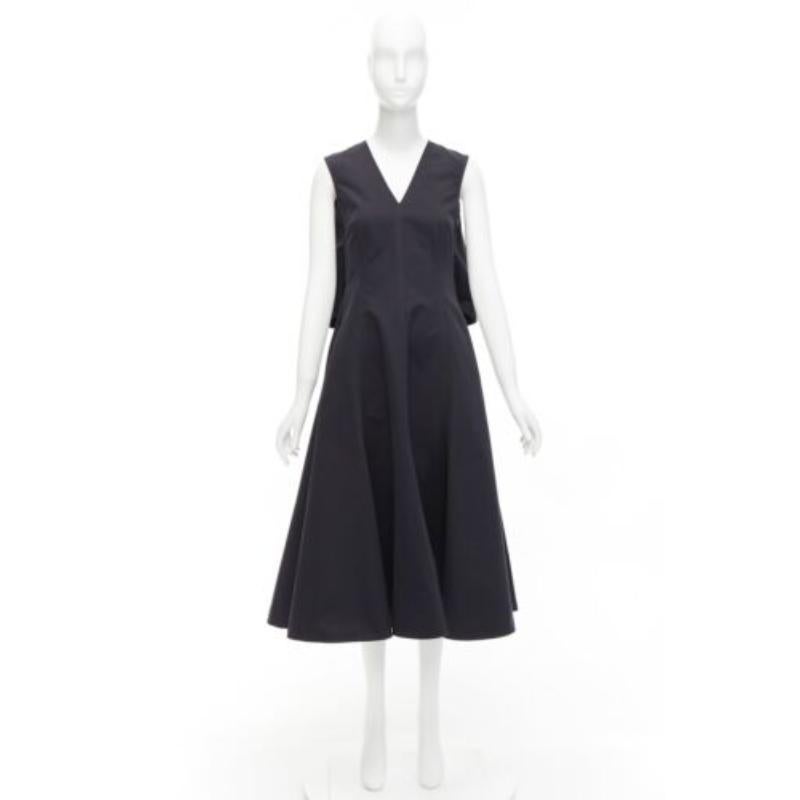 JIL SANDER black cotton silk cape back cut out V-neck Aline midi dress FR32 XXS For Sale 4