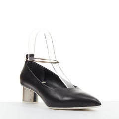JIL SANDER black leather matte silver cylinder heel anklet ring pumps EU37