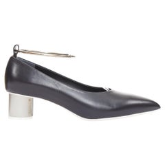 JIL SANDER black leather matte silver cylinder heel anklet ring pumps EU37