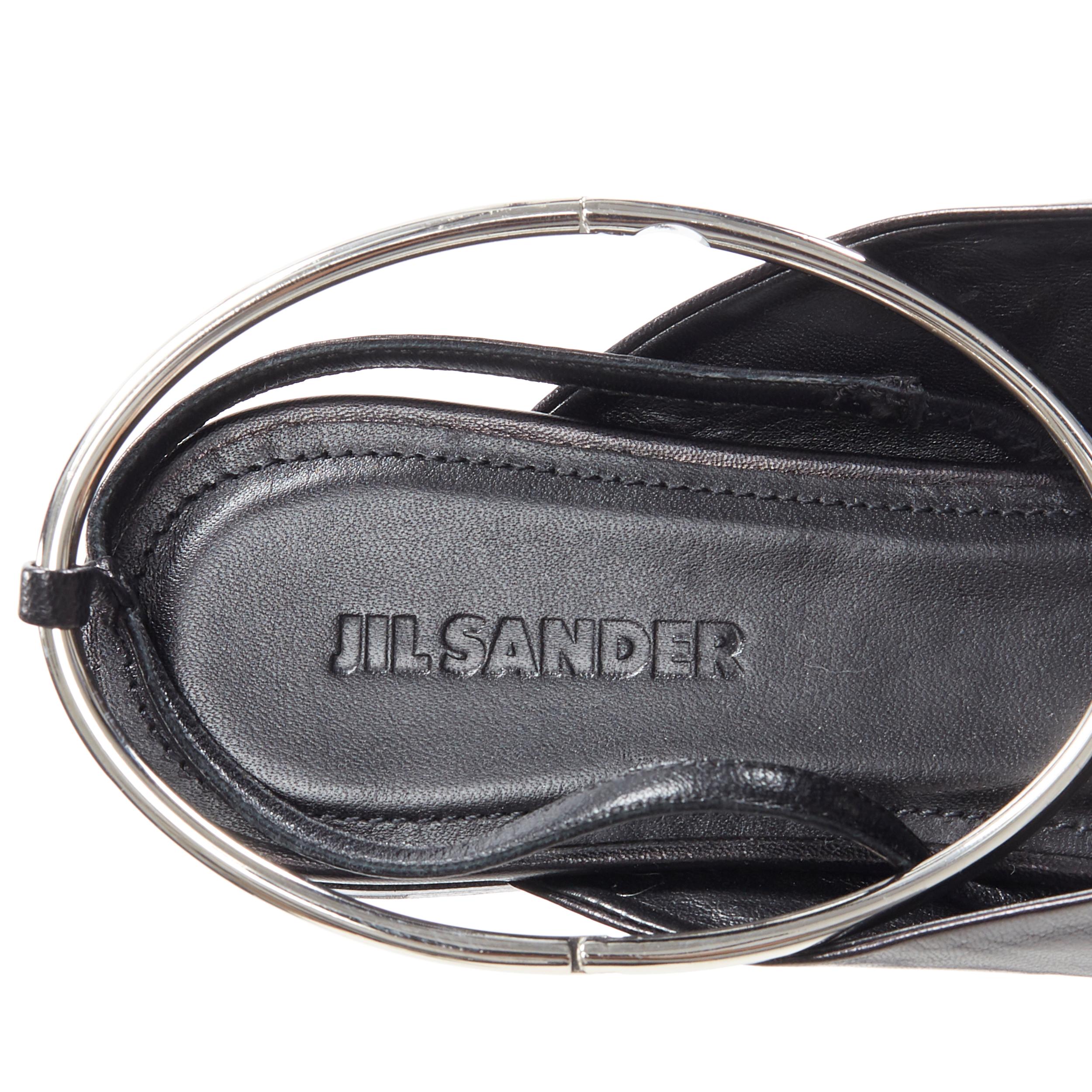 JIL SANDER black leather point toe  silver metal cuff anklet flats shoes EU38 2