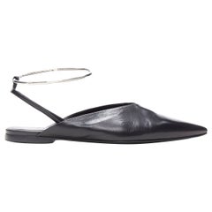 JIL SANDER black leather point toe  silver metal cuff anklet flats shoes EU38