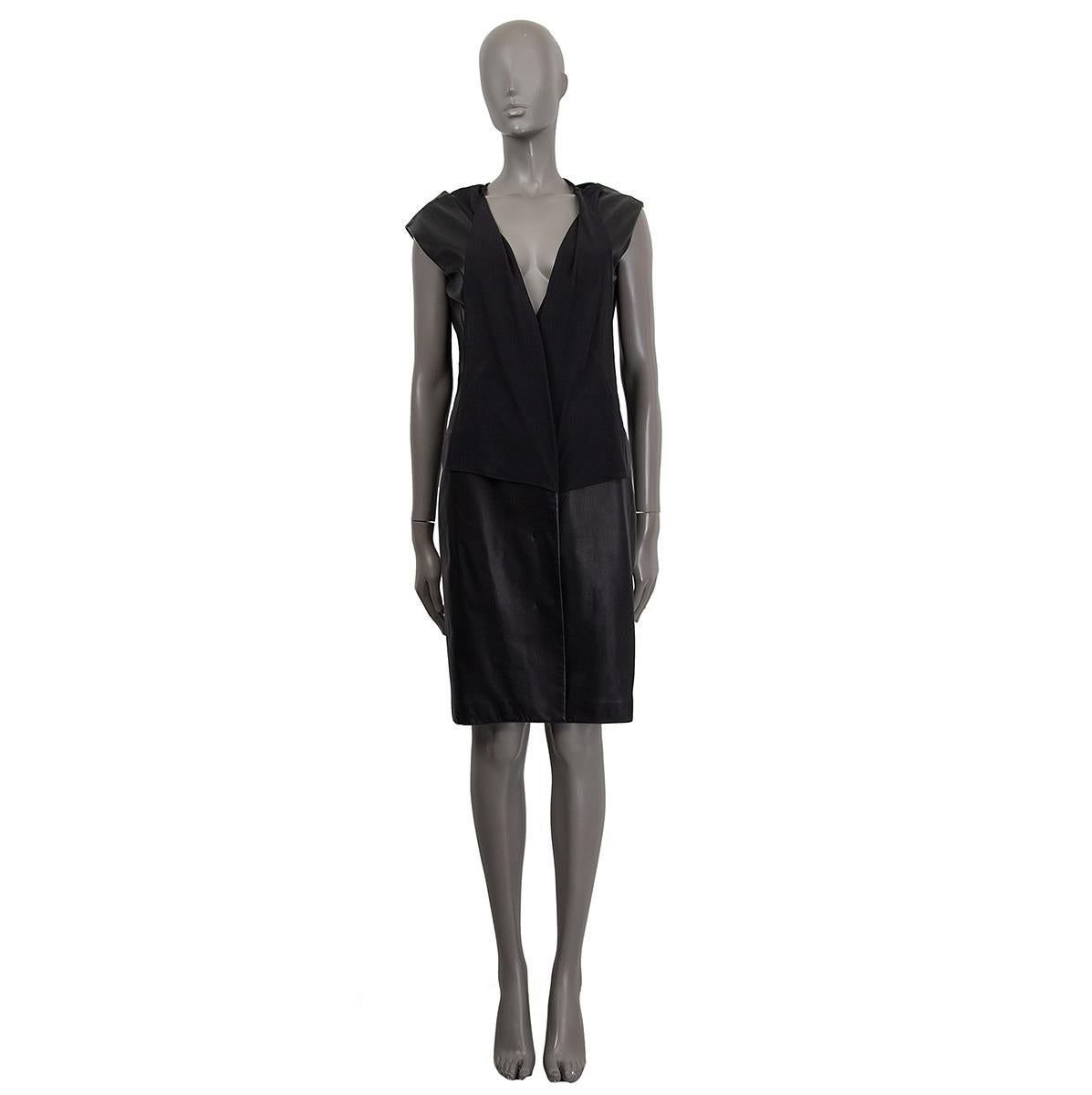 100% authentic Jil Sander sleeveless sheathe leather dress in black missing tag 100% (leather) silk (100%) with a front silk-shawl to tie in the back,V-Neckline and back. Lined in black fabric missing tag (probably viscose blend). Closes with