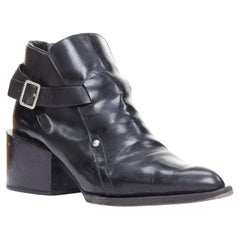 JIL SANDER black leather silver buckle block heel ankle boots EU38