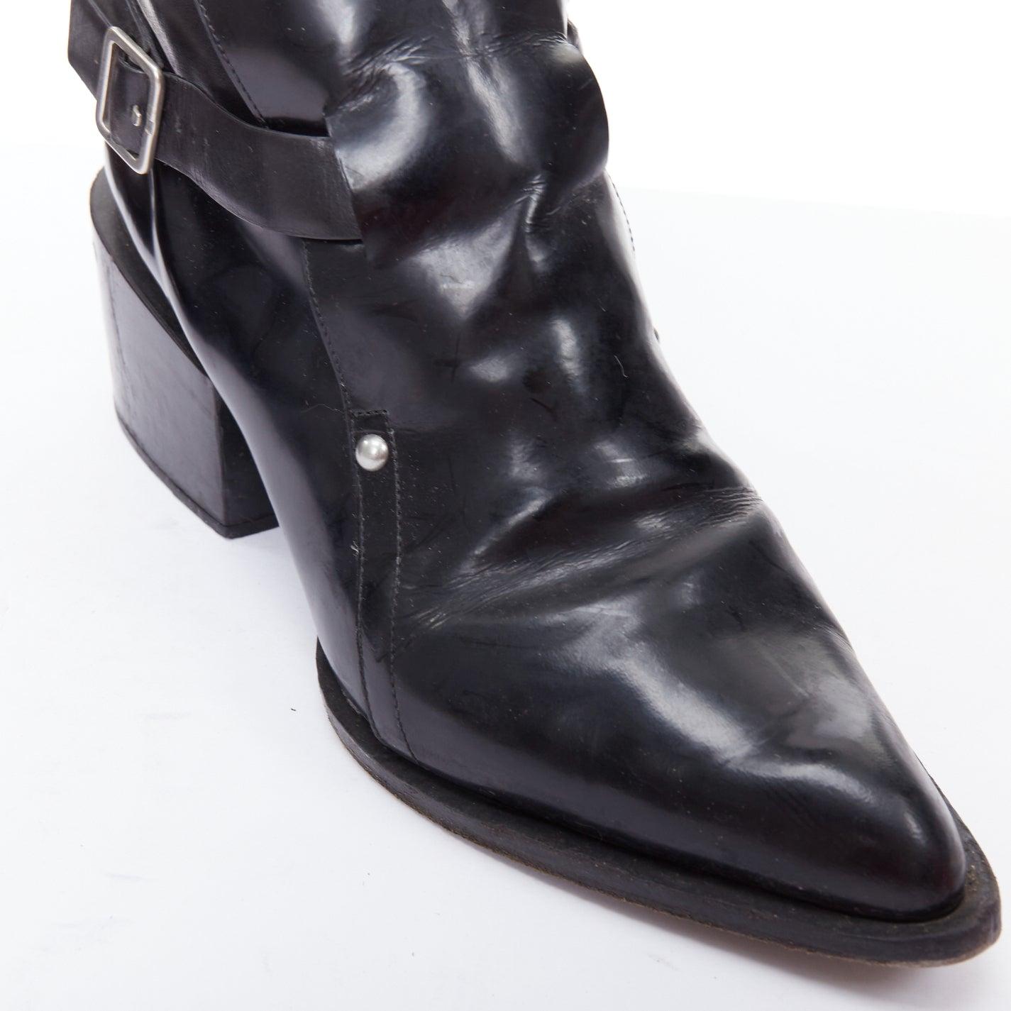 JIL SANDER bottines à talon bloc en cuir noir avec boucle argentée EU38 en vente 2