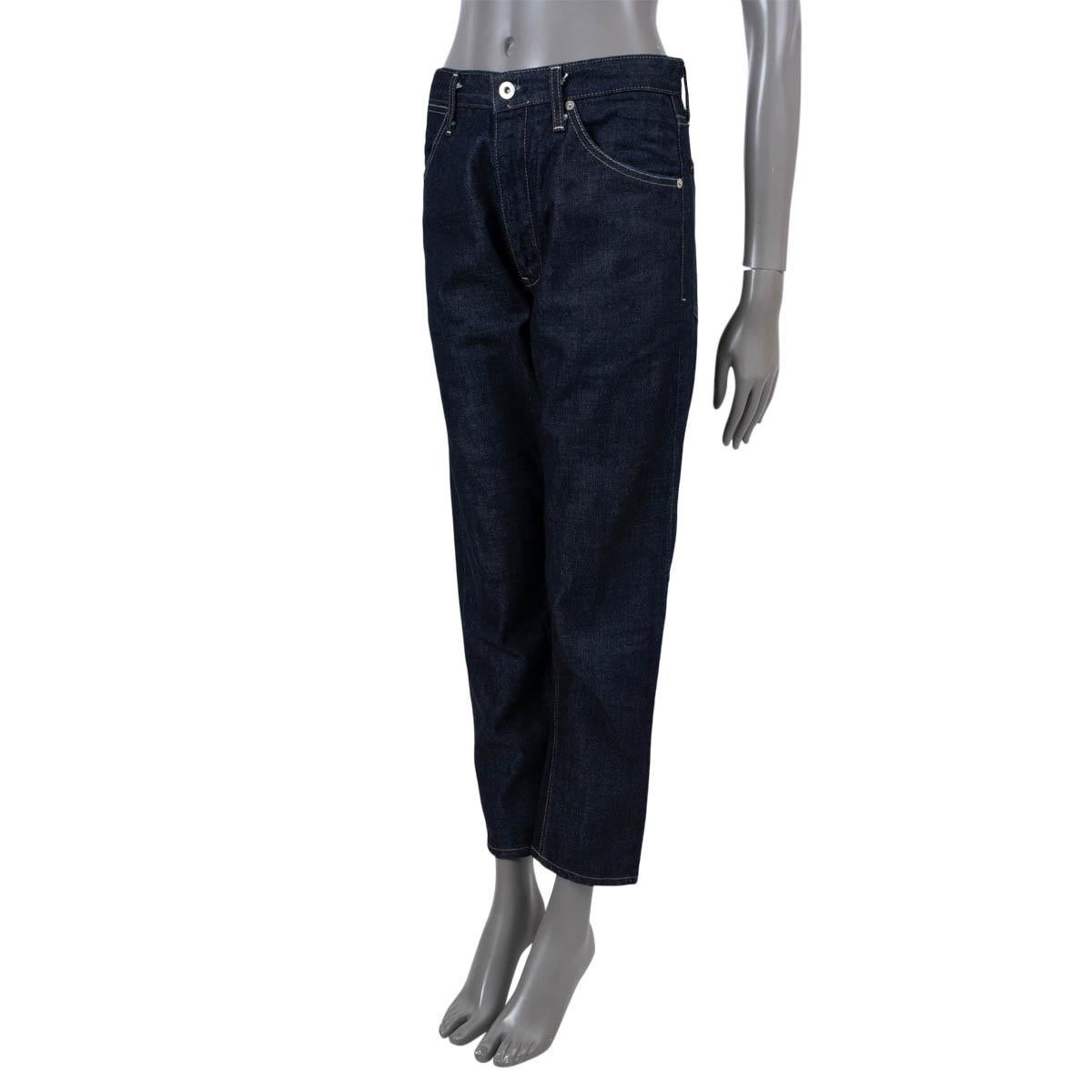 100% authentic Jil Sander+ high-rise straight-leg jeans in indigo cotton (100%). Features slit pockets on the front, patch pockets in the back and belt loops. Open with a zipper and button on the front. Has been worn and is in excellent condition.