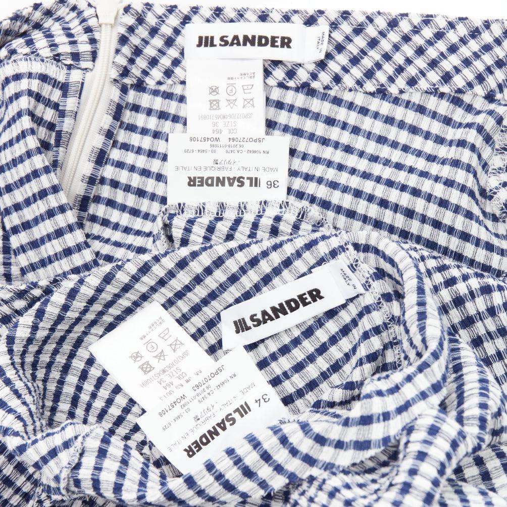 JIL SANDER blue white gingham crinkled asymmetric top skirt set FR34 XS 6