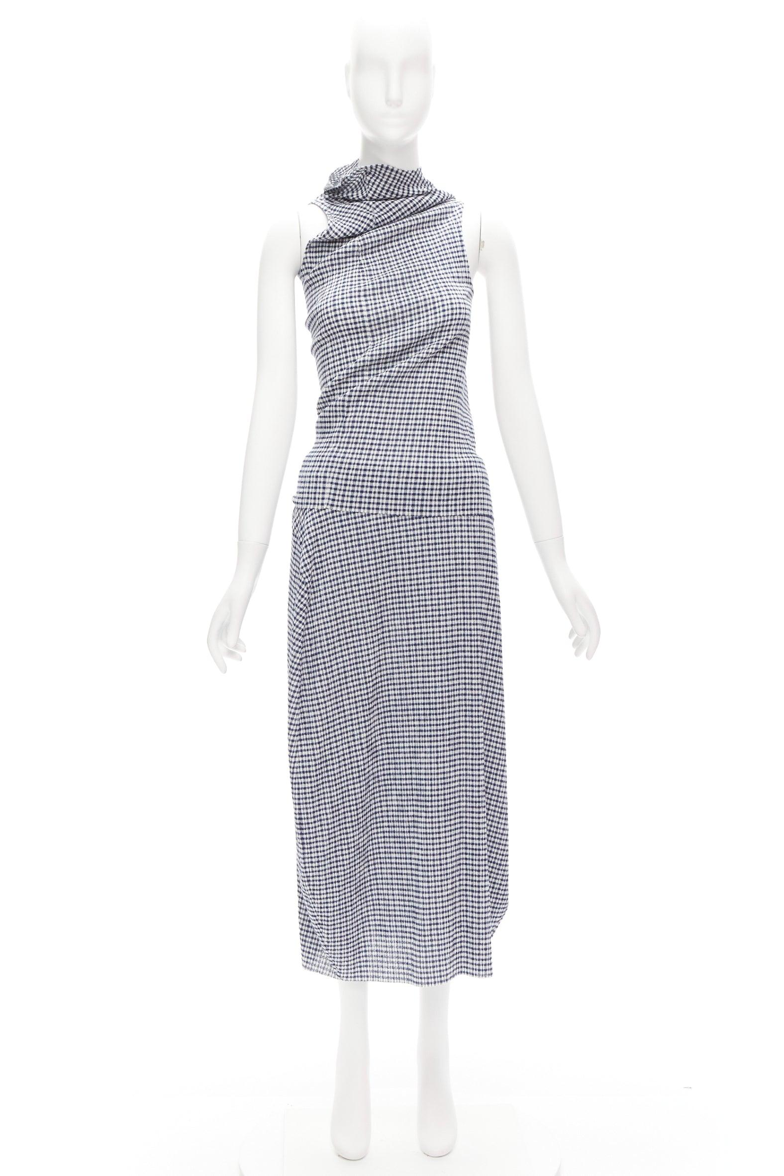 JIL SANDER blue white gingham crinkled asymmetric top skirt set FR34 XS For Sale 8