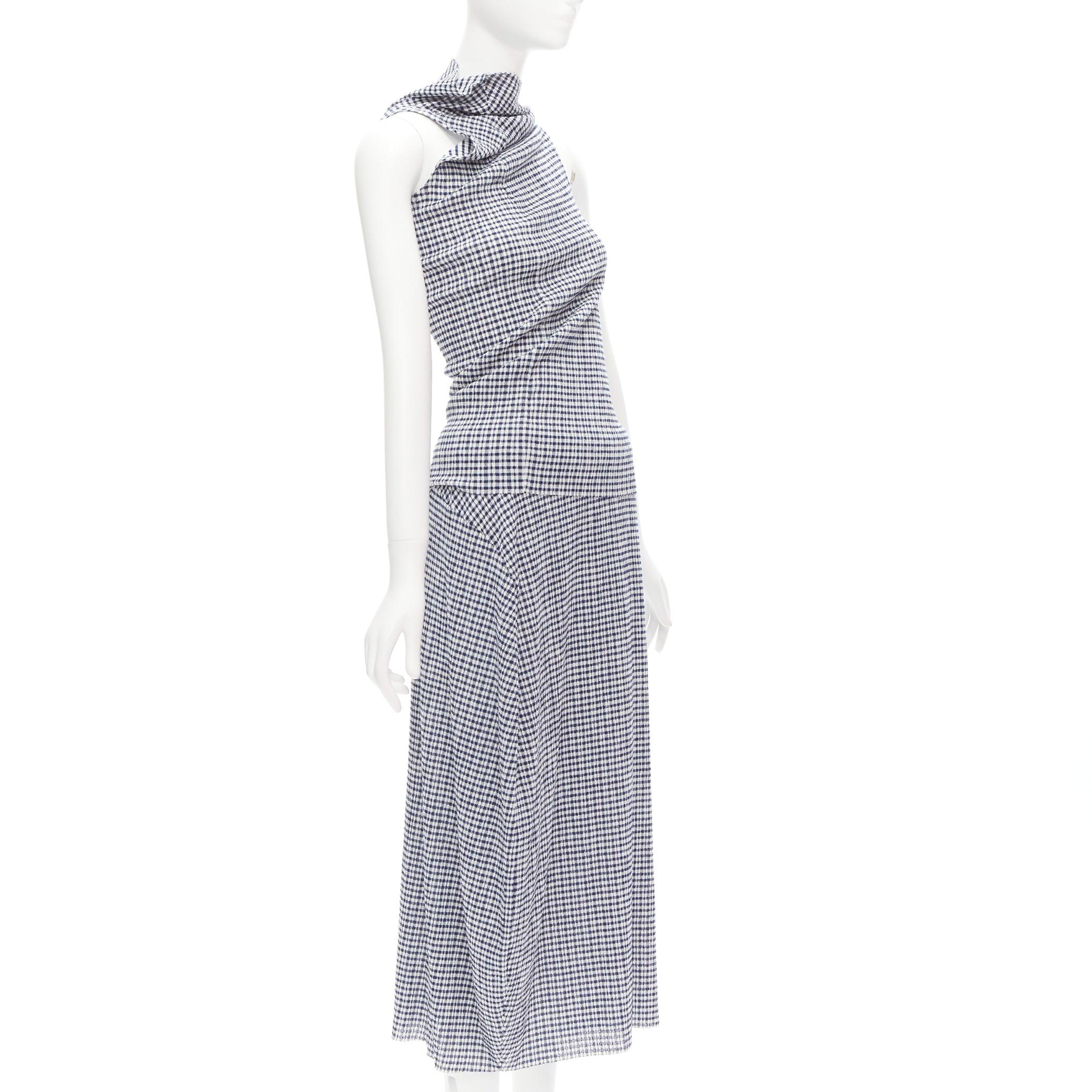 JIL SANDER blue white gingham crinkled asymmetric top skirt set FR34 XS In Excellent Condition For Sale In Hong Kong, NT