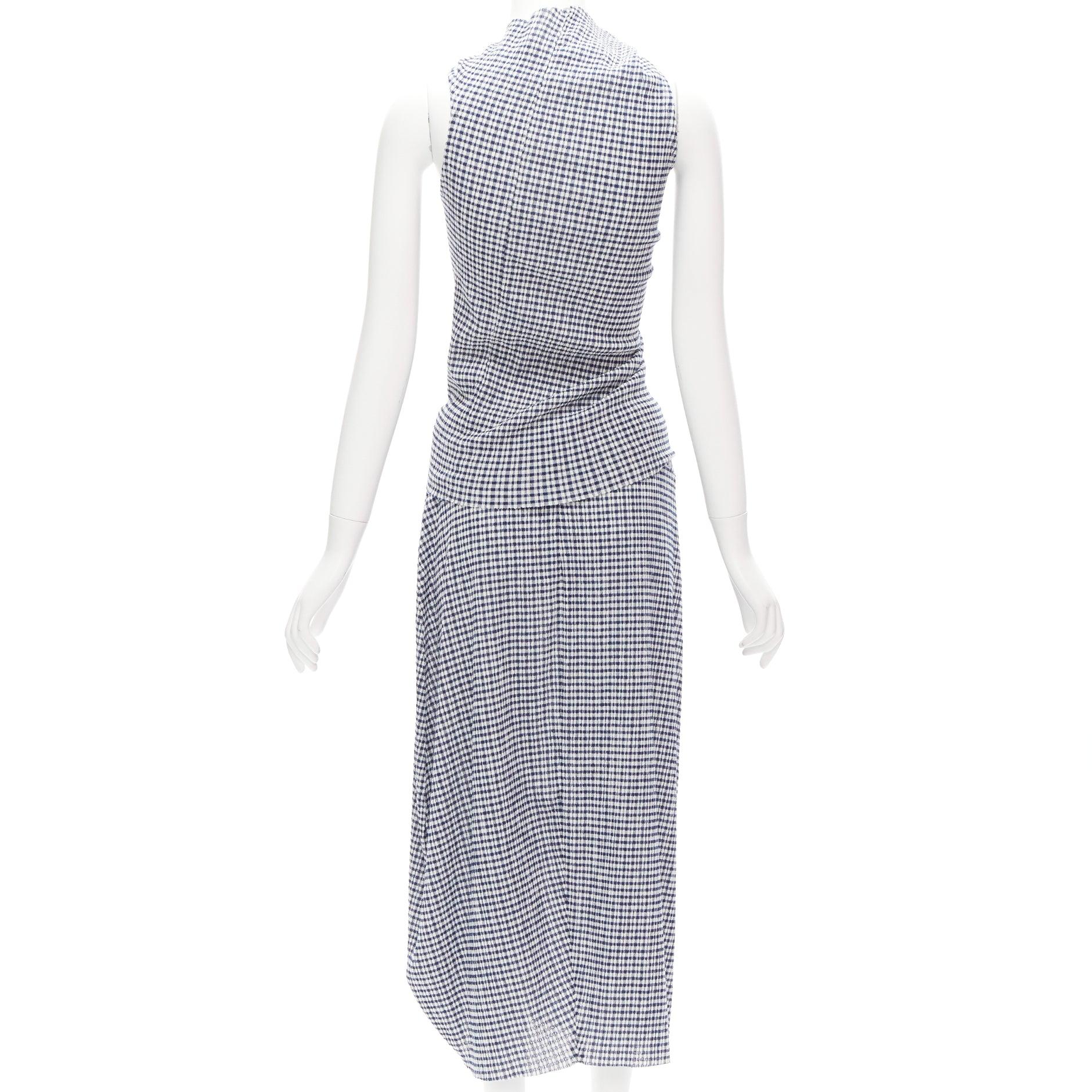 JIL SANDER blue white gingham crinkled asymmetric top skirt set FR34 XS For Sale 1