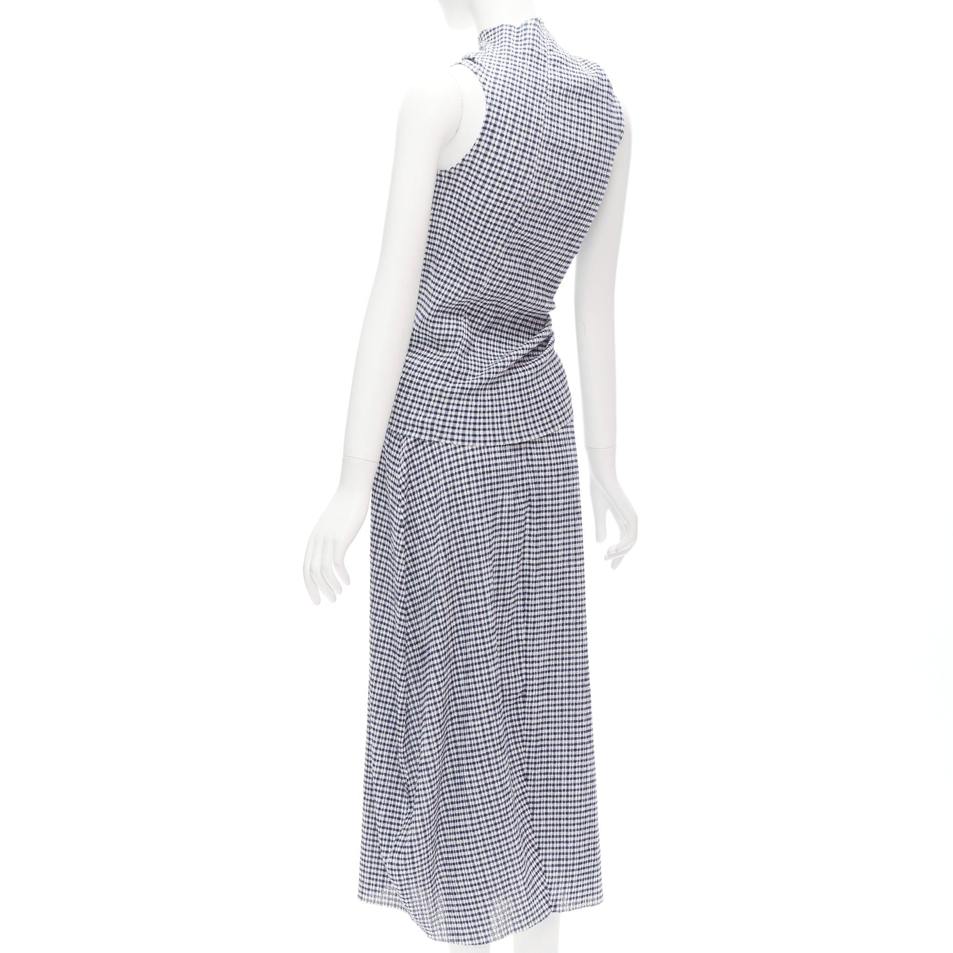 JIL SANDER blue white gingham crinkled asymmetric top skirt set FR34 XS For Sale 2
