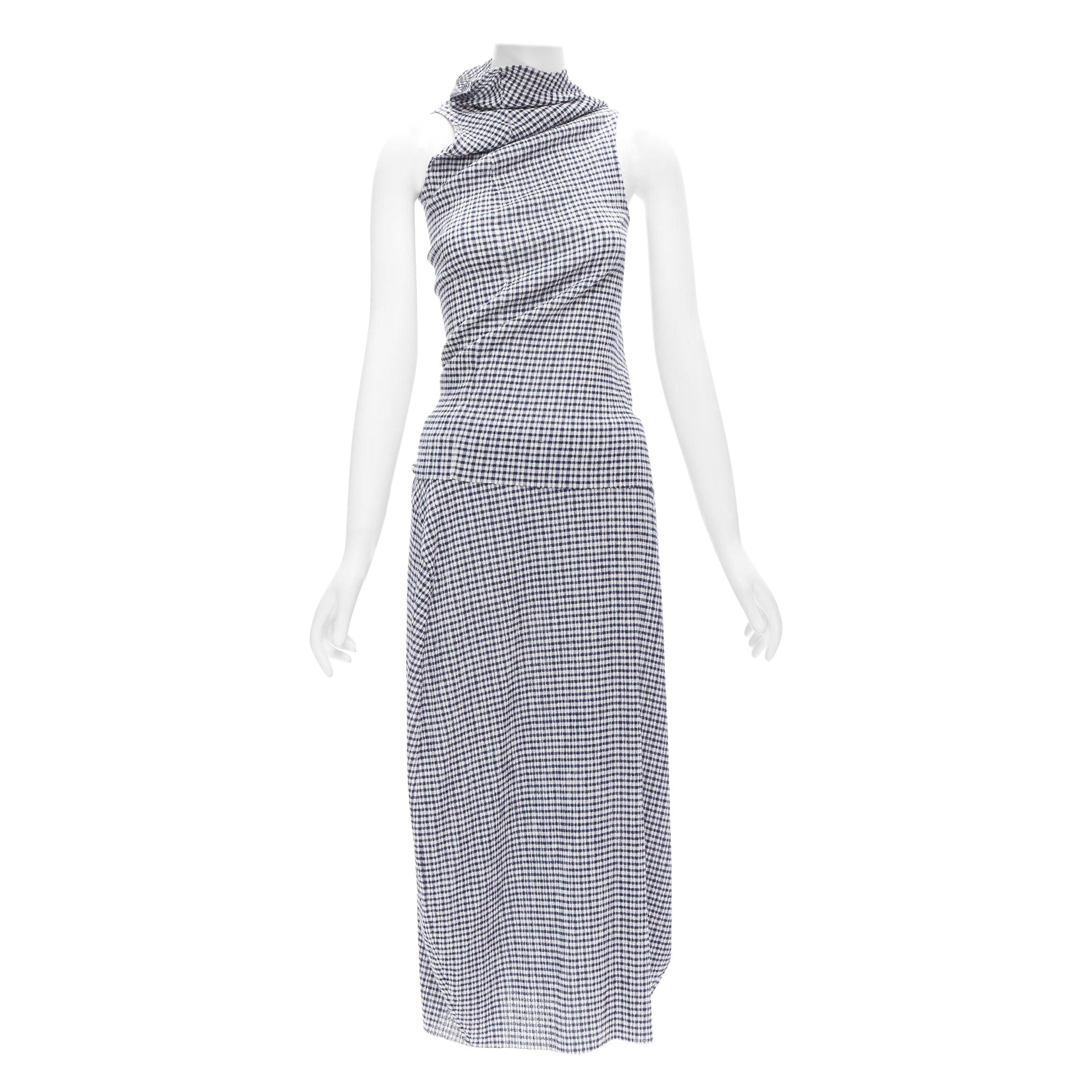 JIL SANDER blue white gingham crinkled asymmetric top skirt set FR34 XS