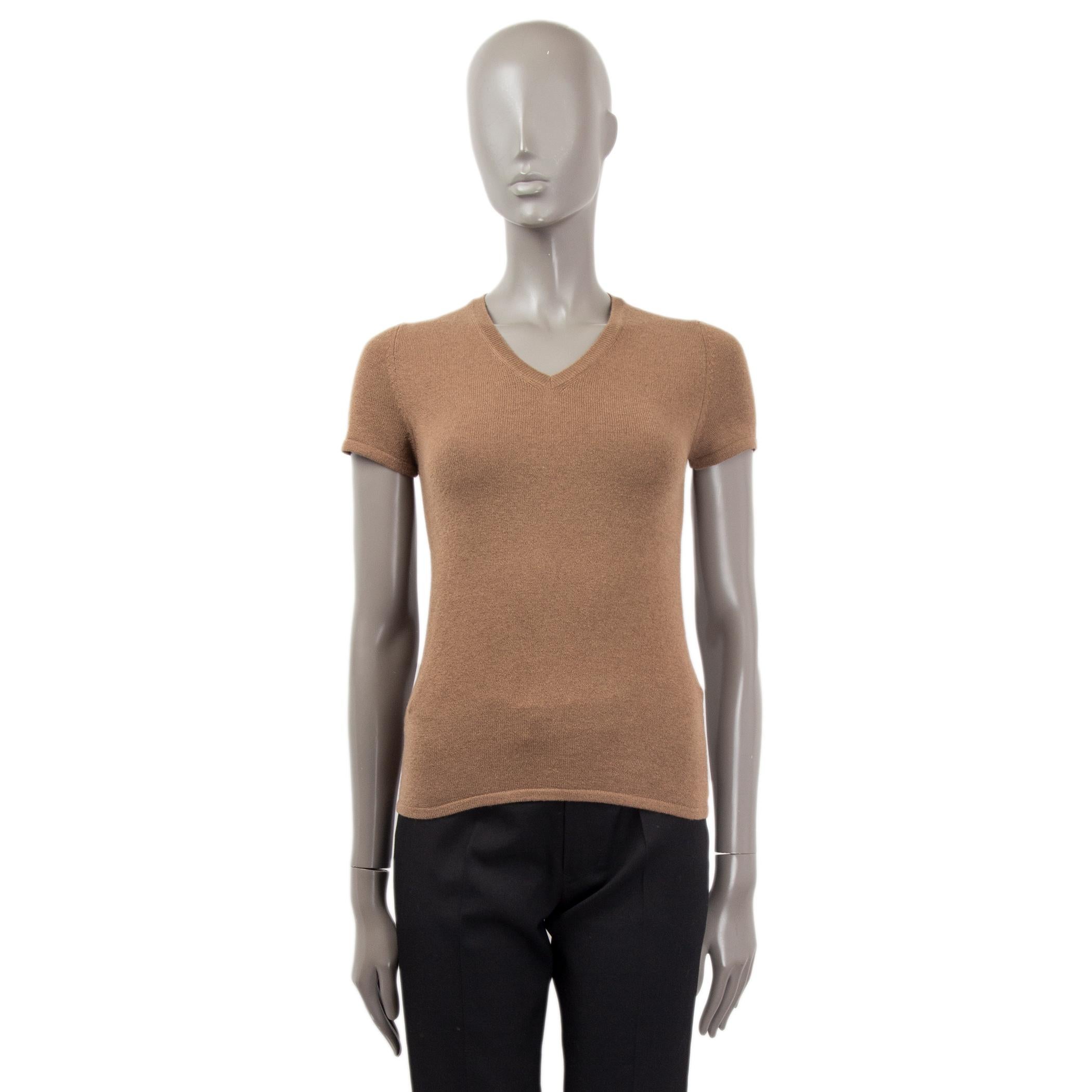 Brown JIL SANDER brown cashmere Short Sleeve V-Neck Sweater 36 S For Sale