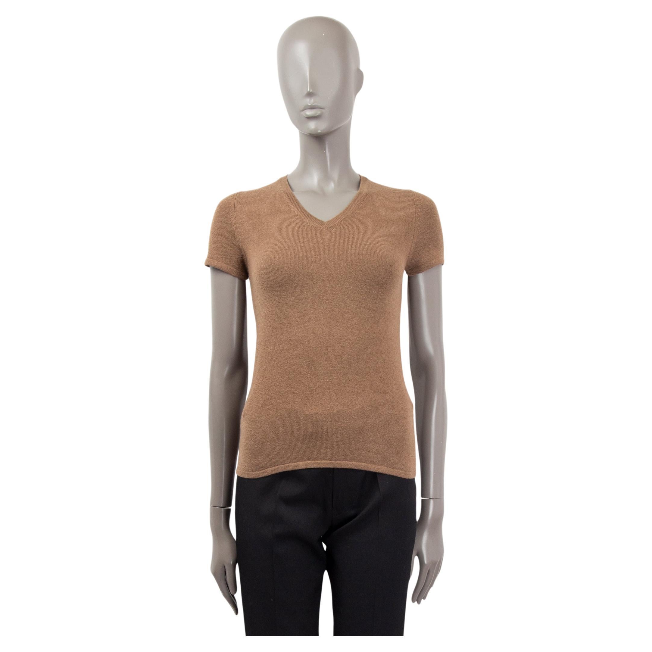 JIL SANDER brown cashmere Short Sleeve V-Neck Sweater 36 S