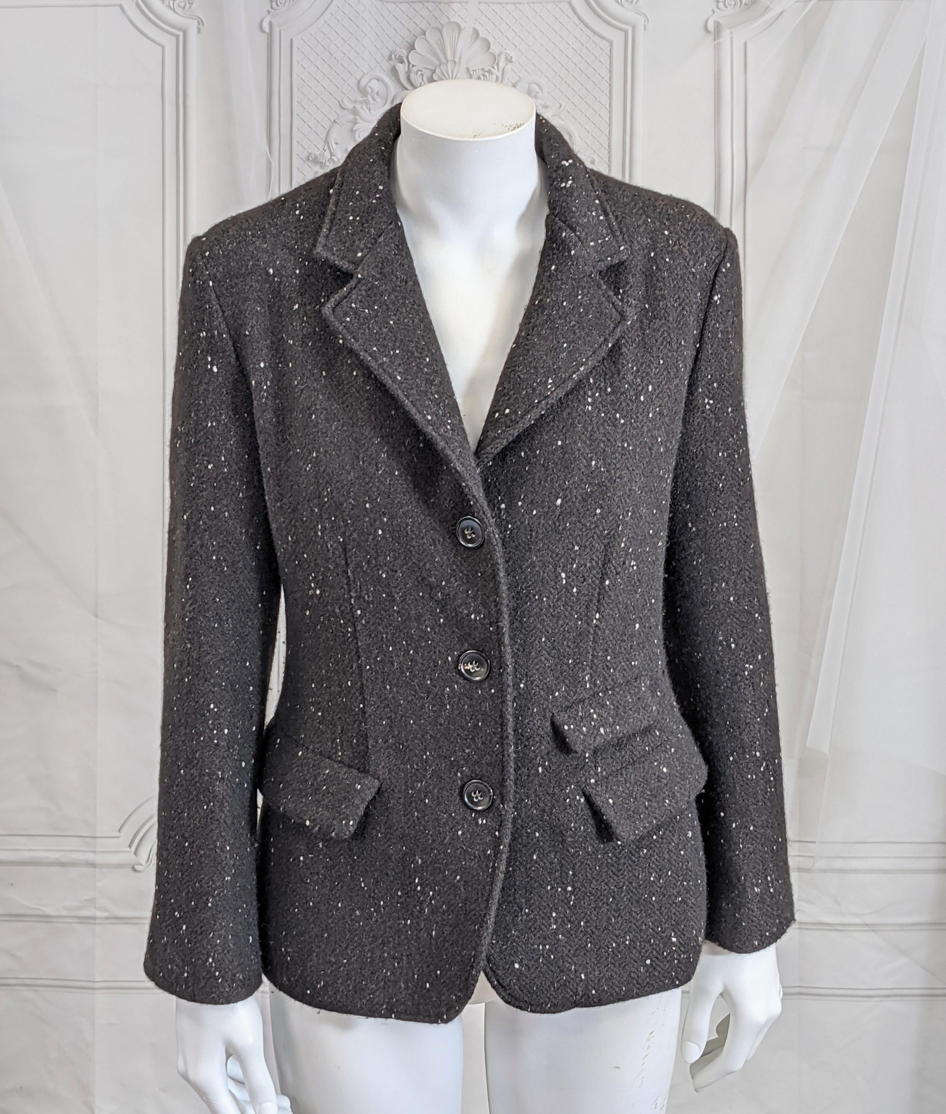 Jil Sander Cashmere Melange Tweed Blazer of Deep brown with white flecks. Short cropped classic cut, fully lined. 1990's.  
Size 34 Vintage. 