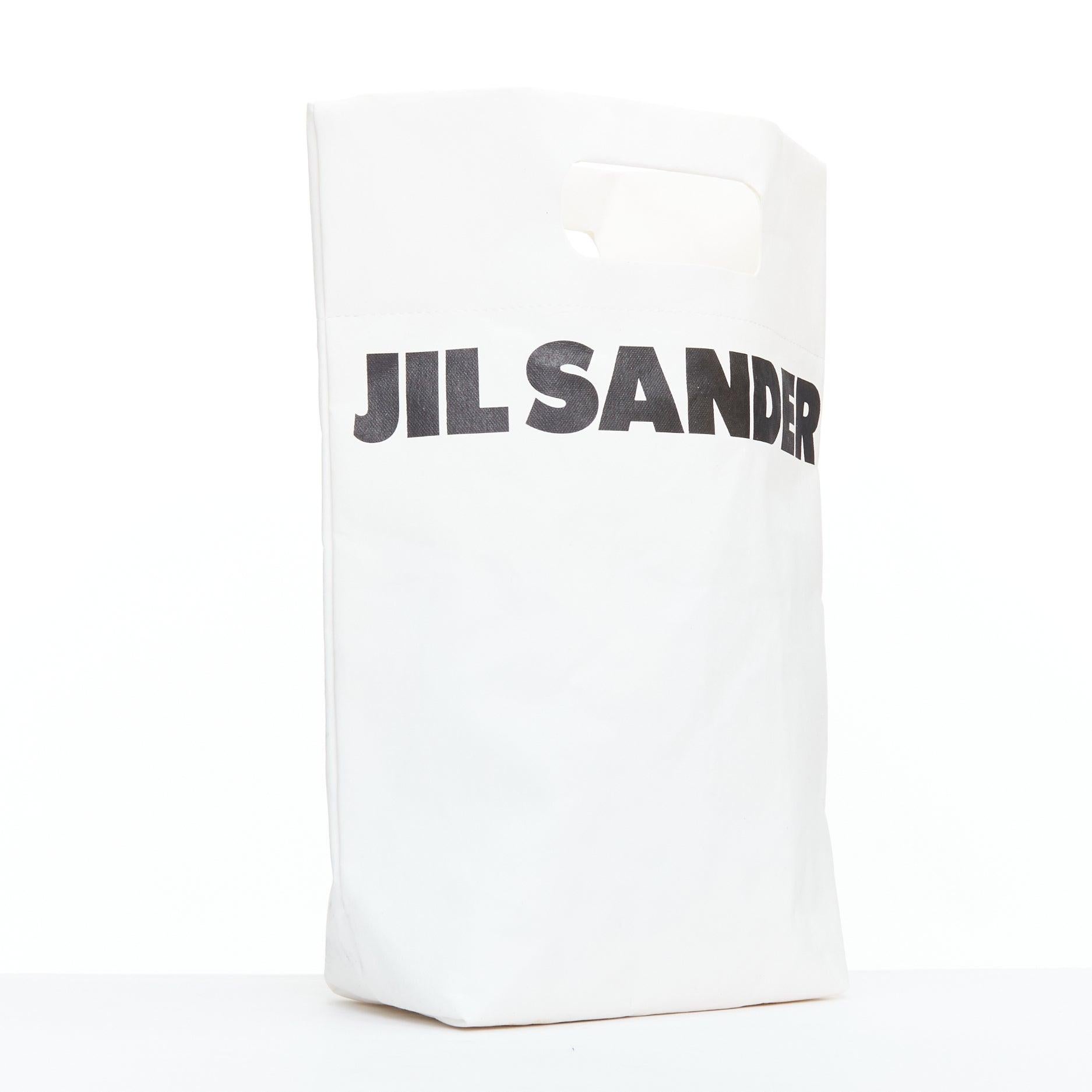 JIL SANDER cream black laminated paper logo crossbody tote bag In Fair Condition For Sale In Hong Kong, NT