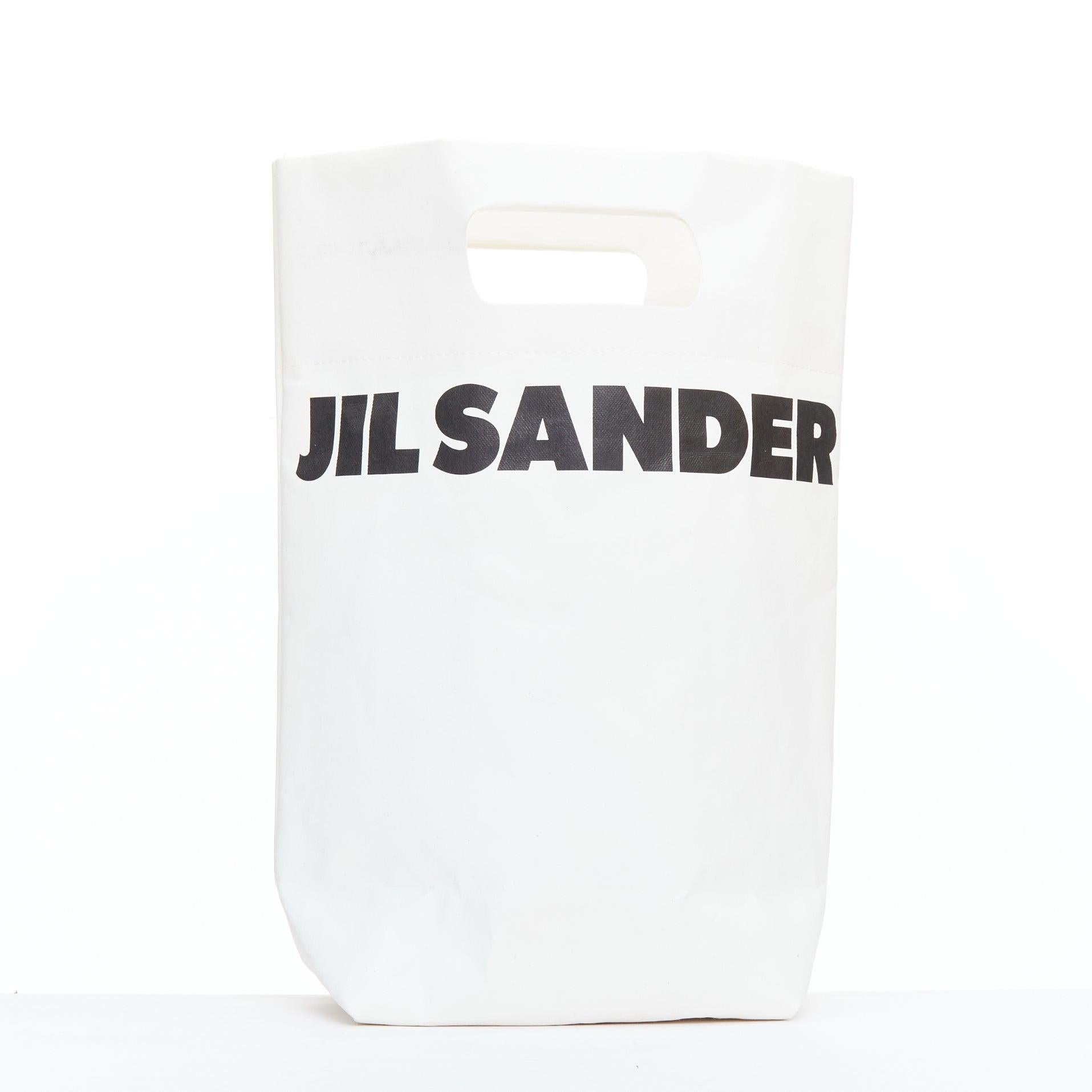 JIL SANDER cream black laminated paper logo crossbody tote bag For Sale 1