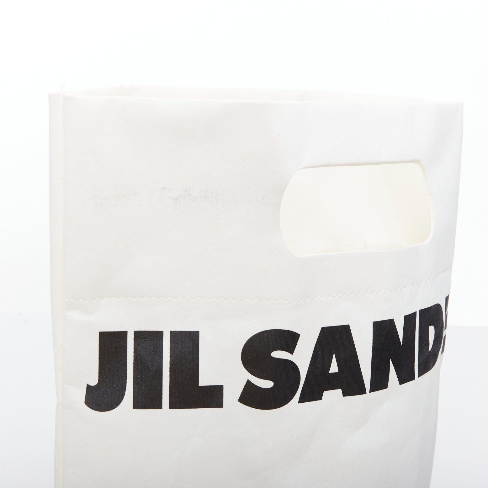 JIL SANDER cream black laminated paper logo crossbody tote bag For Sale 4