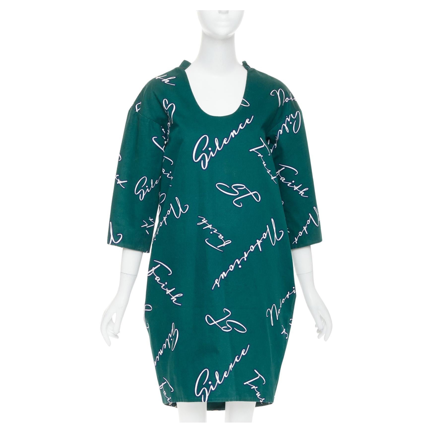 JIL SANDER green white cotton italic words graphic print cocoon dress FR32 XXS For Sale