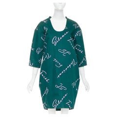 JIL SANDER green white cotton italic words graphic print cocoon dress FR32 XXS