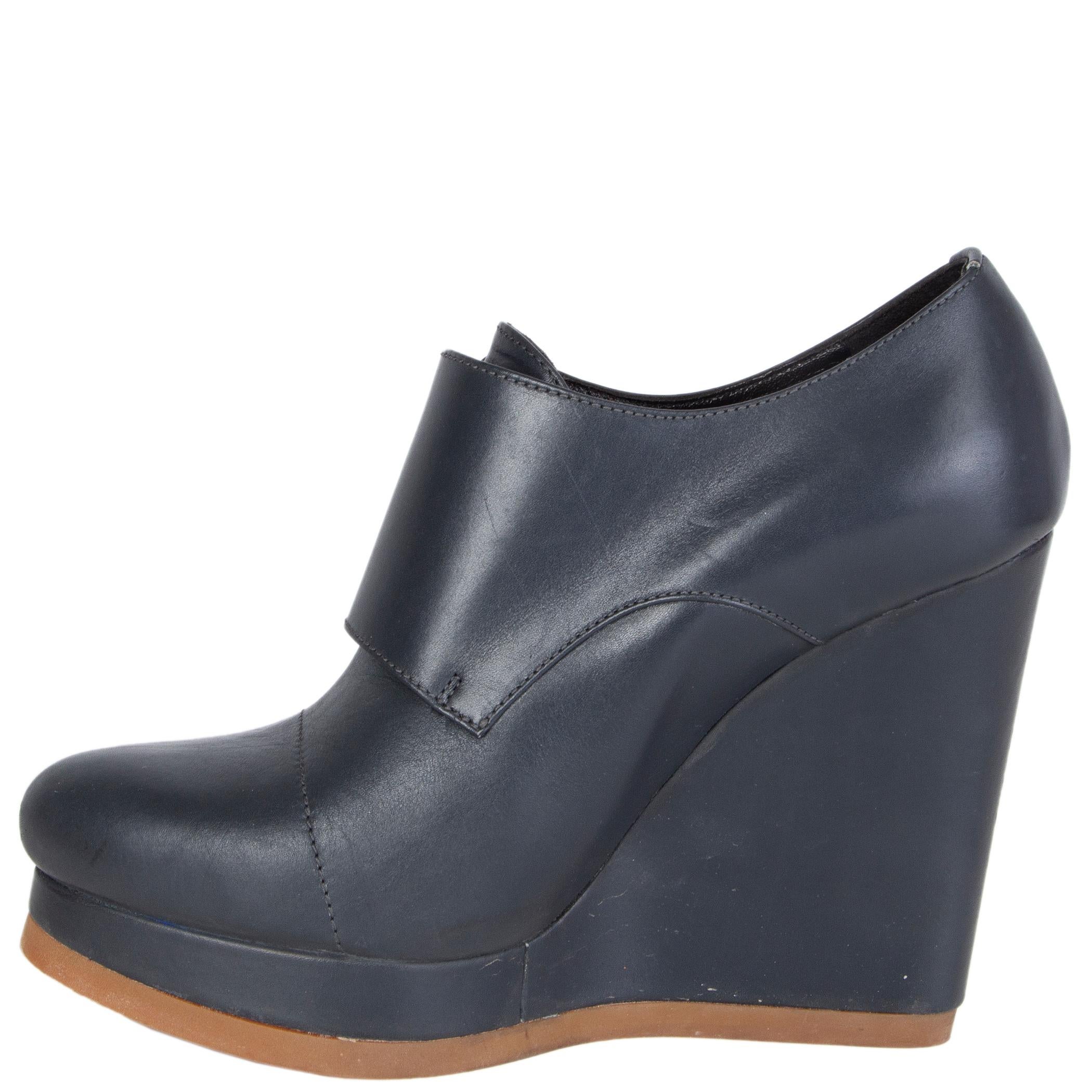 Black JIL SANDER grey leather MONK STRAP WEDGE Boots Shoes 37.5