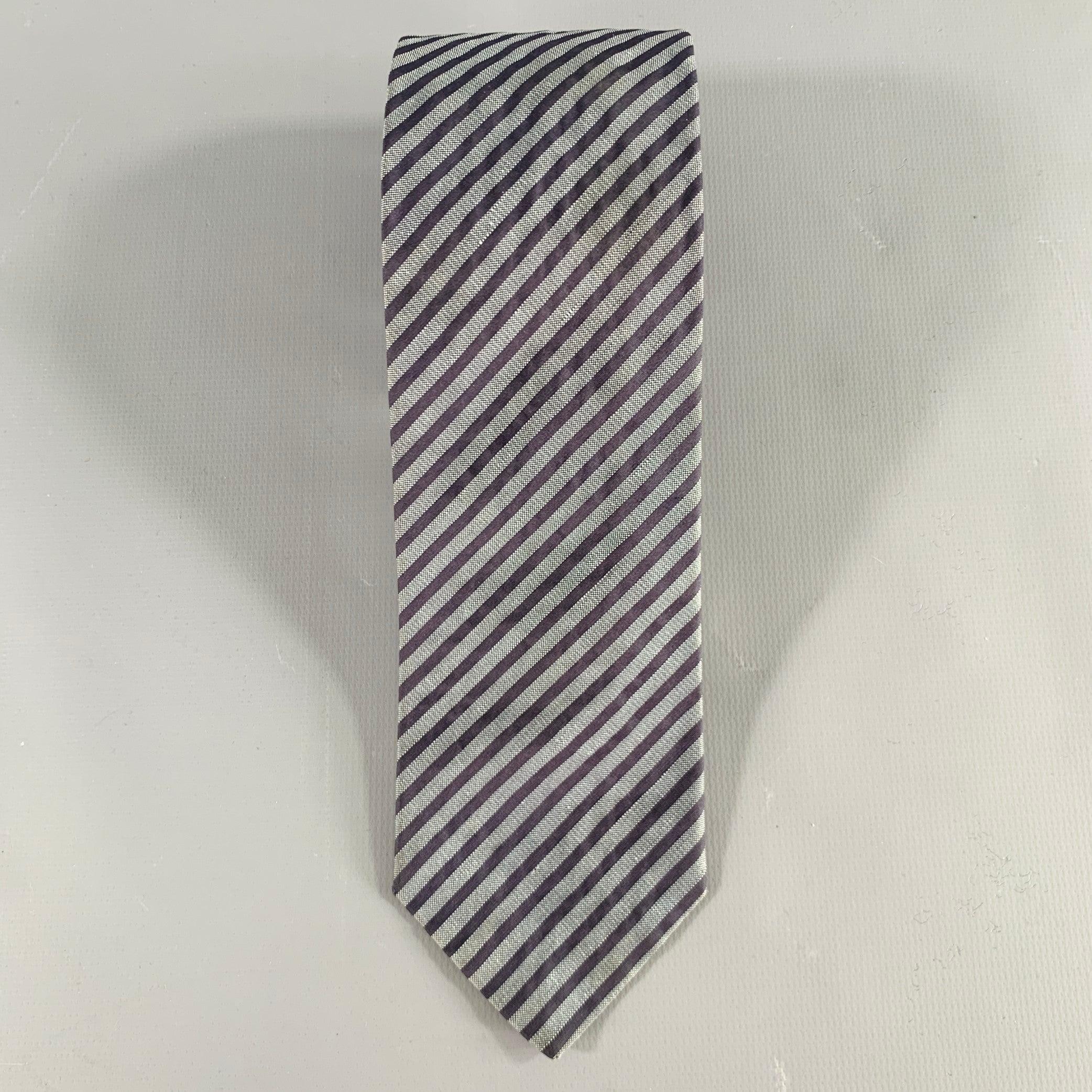 Gray JIL SANDER Grey Navy Diagonal Stripe Silk Tie For Sale