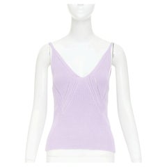 JIL SANDER lilac purple chevron pointelle ribbed knit v neck tank top FR32 XXS