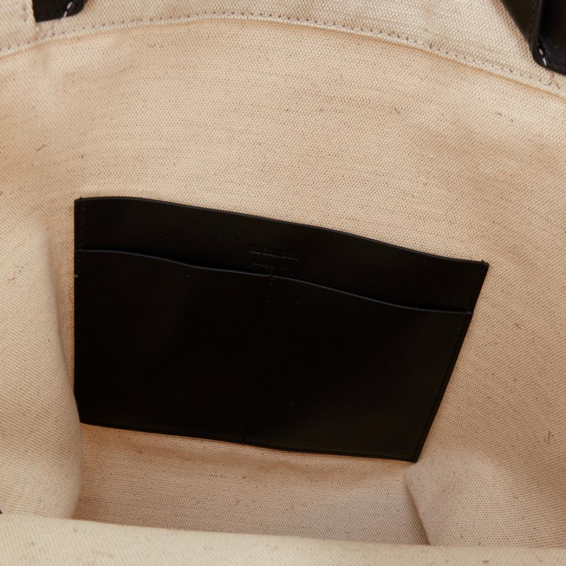 JIL SANDER Logo Print Canvas Long Tote beige canvas black leather trim bag For Sale 5