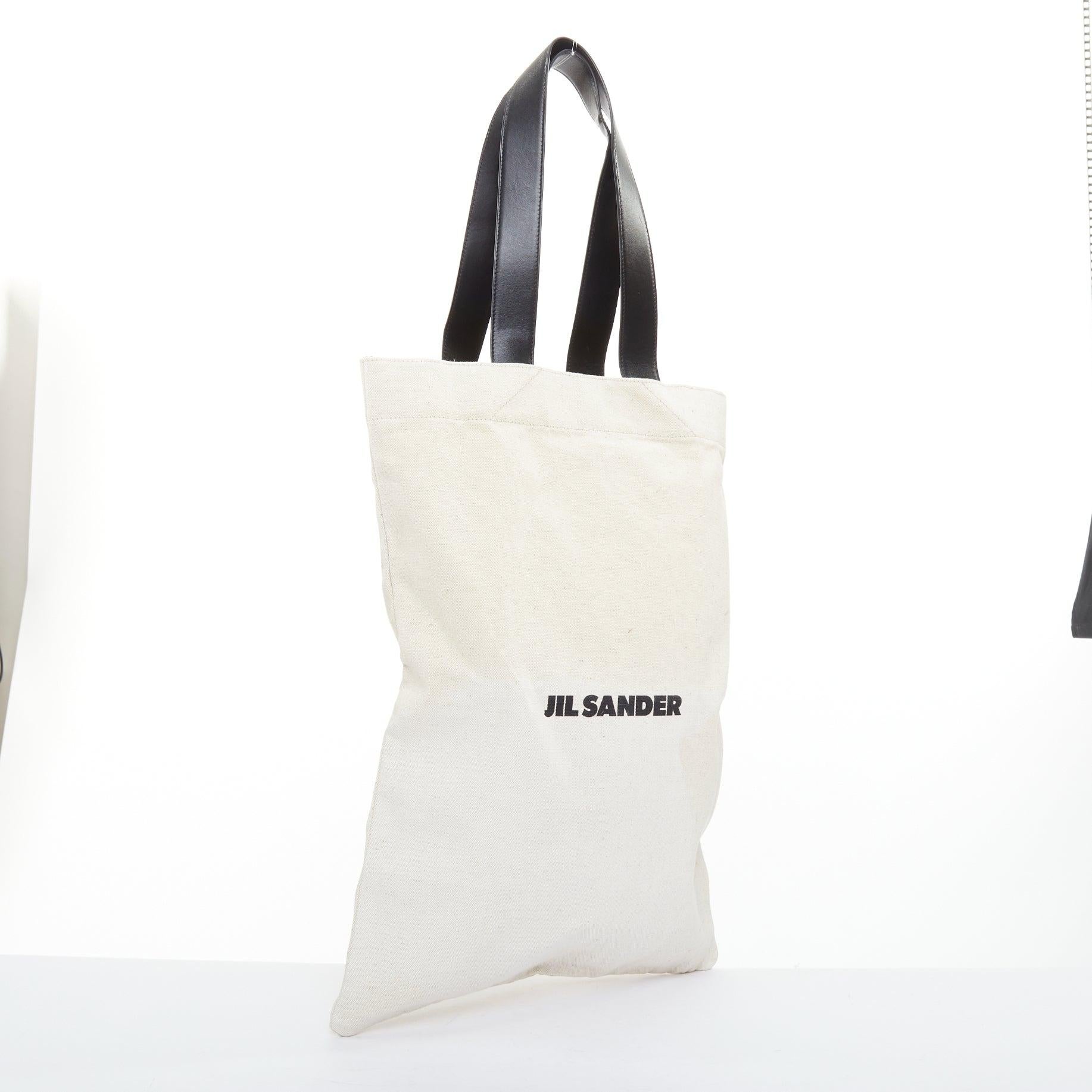Gray JIL SANDER Logo Print Canvas Long Tote beige canvas black leather trim bag For Sale