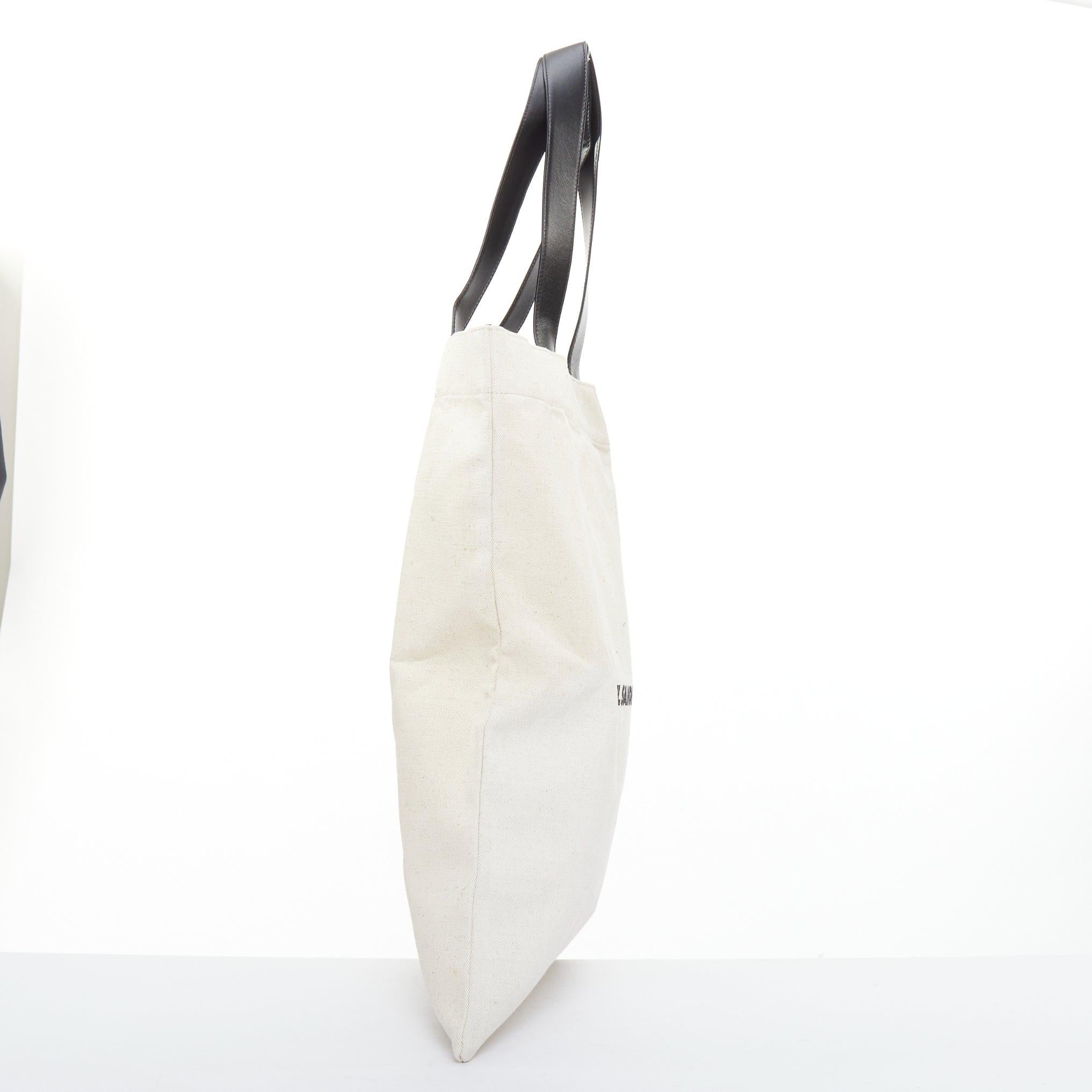 JIL SANDER Logo Print Canvas Long Tote beige canvas black leather trim bag In Fair Condition For Sale In Hong Kong, NT
