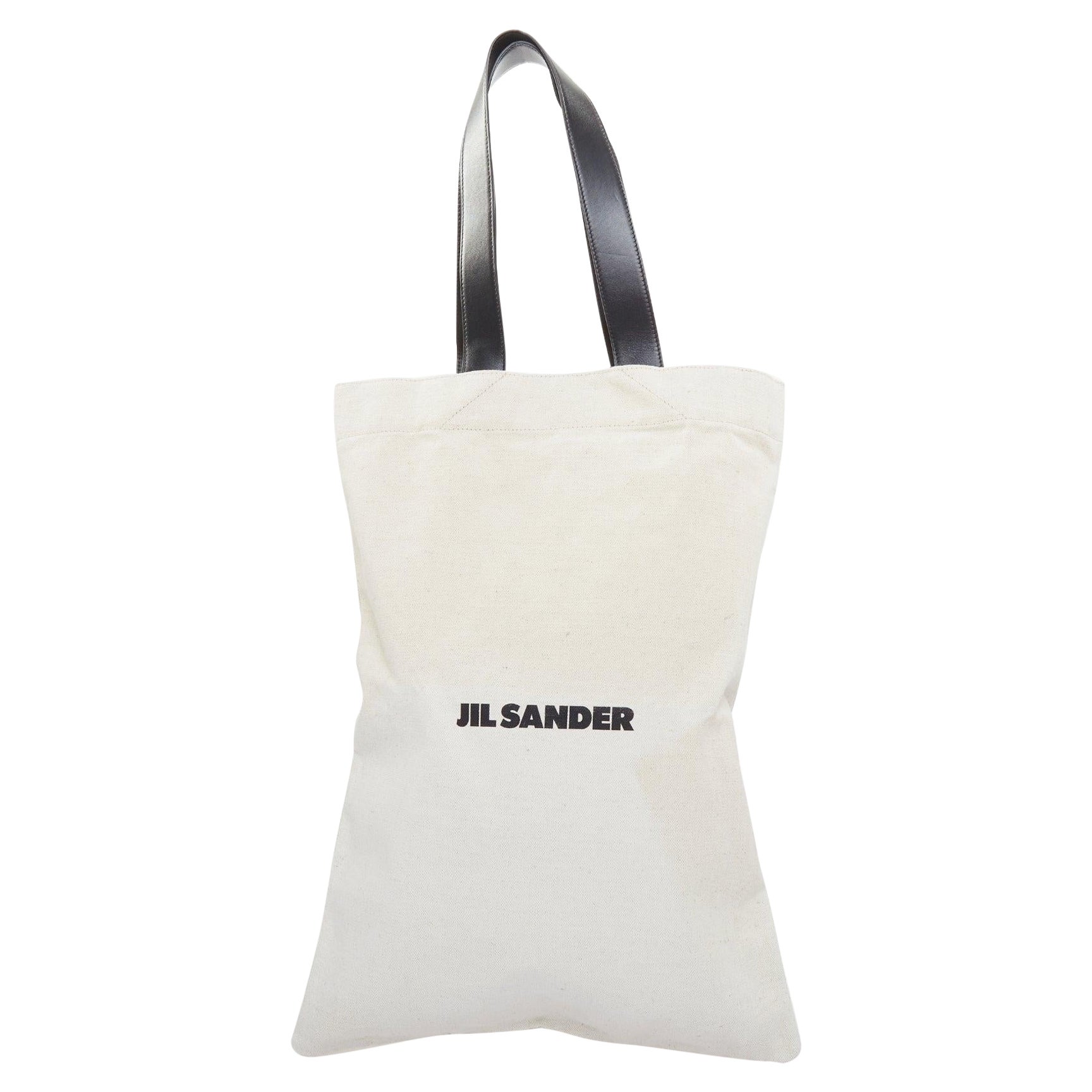 JIL SANDER Logo Print Canvas Long Tote beige canvas black leather trim bag For Sale